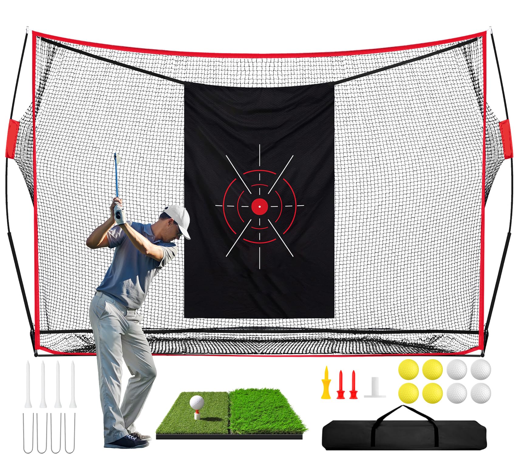 Golf Net, 10x7ft Heavy Duty Practice Net with Mat, Target Cloth, 8 Tees, 8 Balls, Carry Bag, 7-Ply Anti-Tear Mesh, Golf Hitting Nets for Backyard Garage Driving Chipping Indoor Outdoor