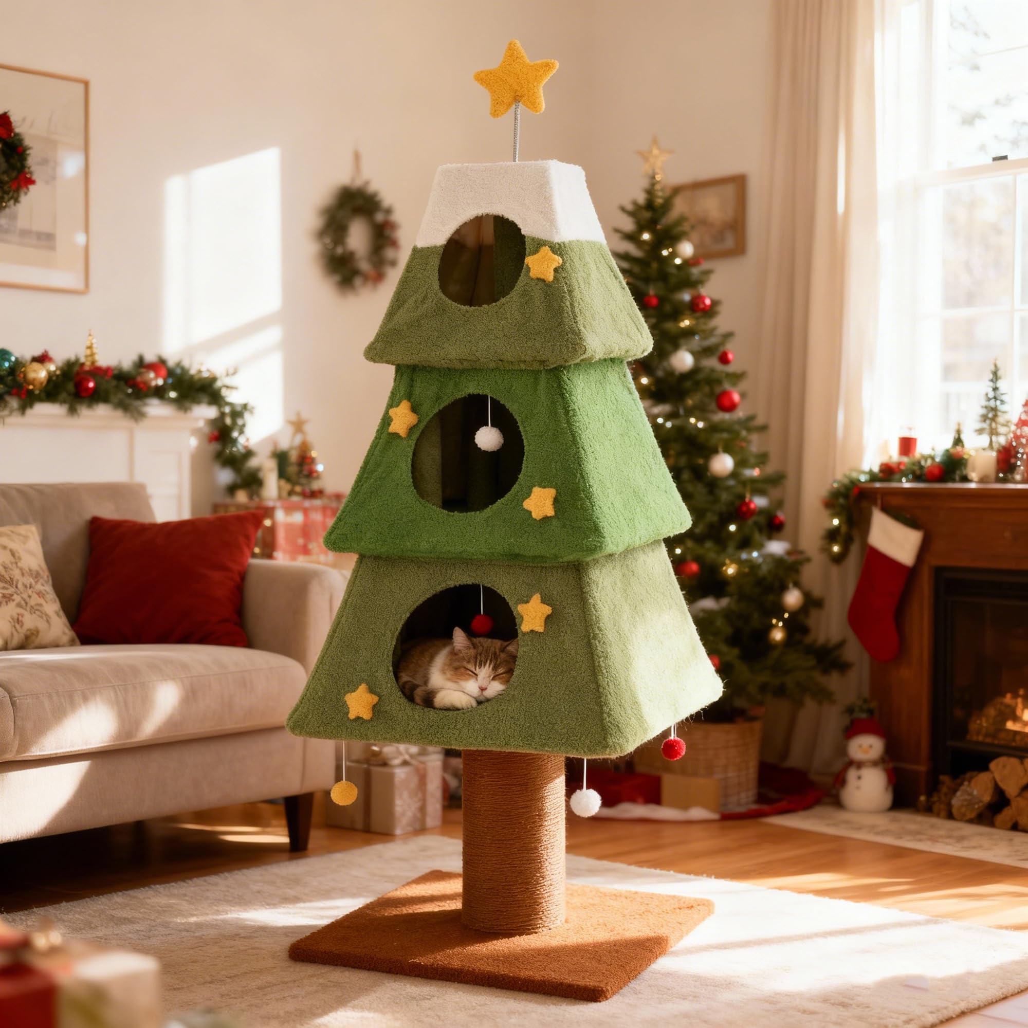 SOARS Árbol rascador de Navidad, 162 cm, con 3 cuevas, columna rascadora, tronco de 19 cm de grosor, bolas colgantes, árbol de Navidad, árbol de Navidad para gatos
