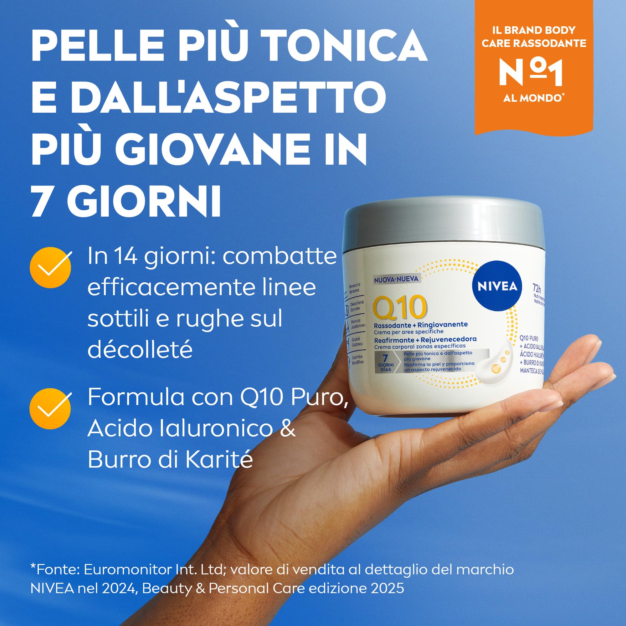 NIVEA Q10 Rassodante + Ringiovanente Aree specifiche 400 ml, Crema rassodante corpo con Coenzima Q10 e Acido Ialuronico, Crema idratante corpo 72h tonificante per seno, braccia, pancia, glutei e gambe