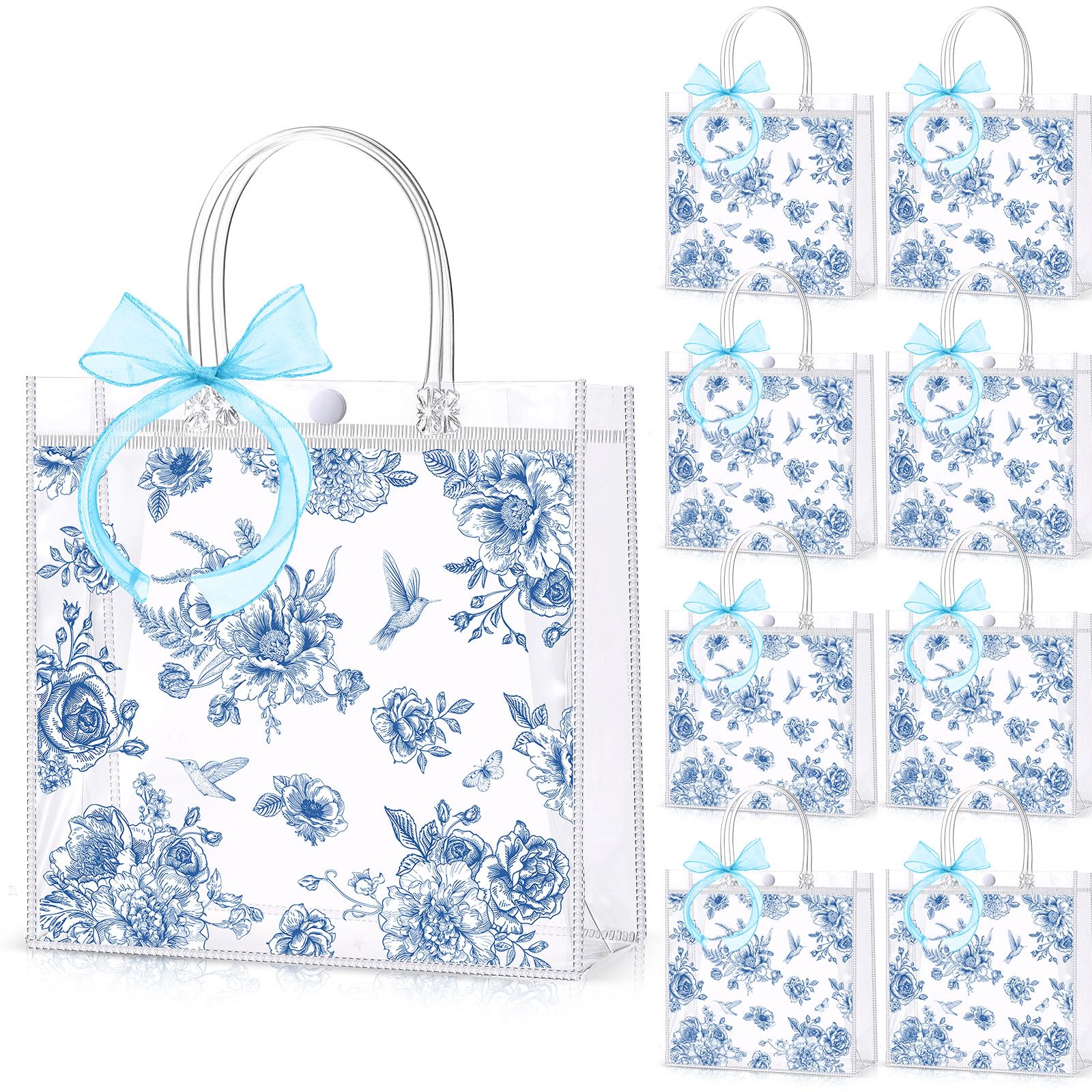 Hosuly 24 Pcs Blue Floral PVC Gift Bags with Bow Ribbon Clear Vintage Chinoiserie Flower Bags Blue Wildflower Goodie Handbags for Wedding Bridal Shower Birthday Party Supplies, 7.9 x 7.9 x 3.1 Inch