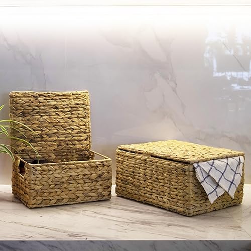 Miniatura 5 de PEMAR Cestas de almacenamiento rectangulares apilables de mimbre natural con tapas, cestas tejidas apilables, organizador de caja de almacenamiento