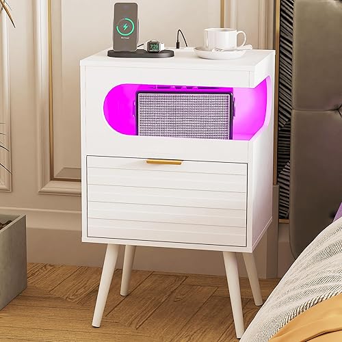 Miniatura 13 de Mesita de noche, moderna mesita de noche con cajón de almacenamiento y estante de madera abierta, mesita de noche decorativa con patas de madera