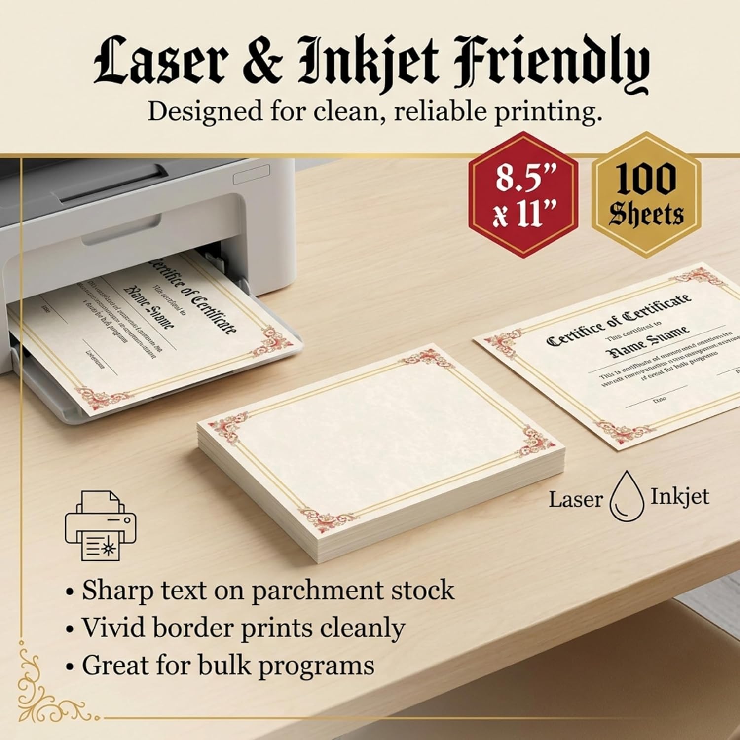 PaperDirect Renaissance Certificates,100 Sheets of 28lb White Paper, 8½" x 11", Red and Gold Filigree Accents Border, Perfect for Awards, Students, Employees, Volunteers, Course Completion, Diplomas