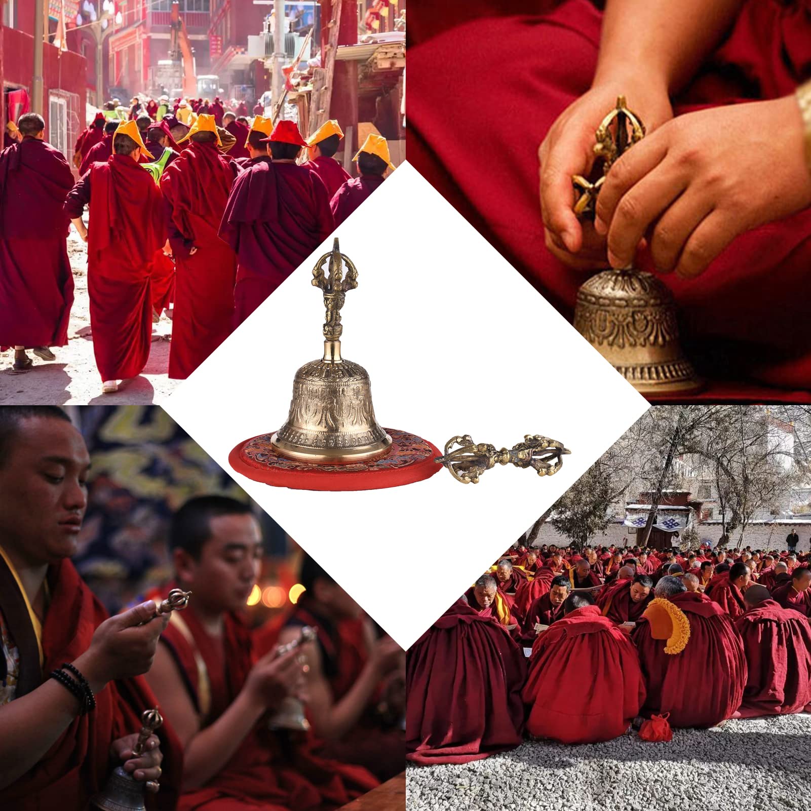 Karlak Campana de mano budista tibetana de bronce con acolchado Vajra para meditación y oración