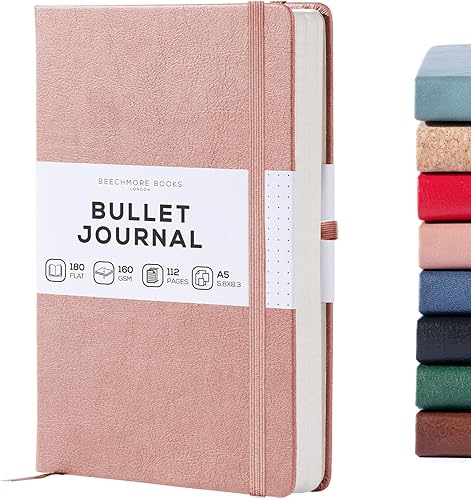 BEECHMORE BOOKS Cuaderno de viñetas de puntos, 8.3 x 5.8 pulgadas, 112 páginas punteadas, cuero de punto cuadriculado de tapa dura, papel grueso de