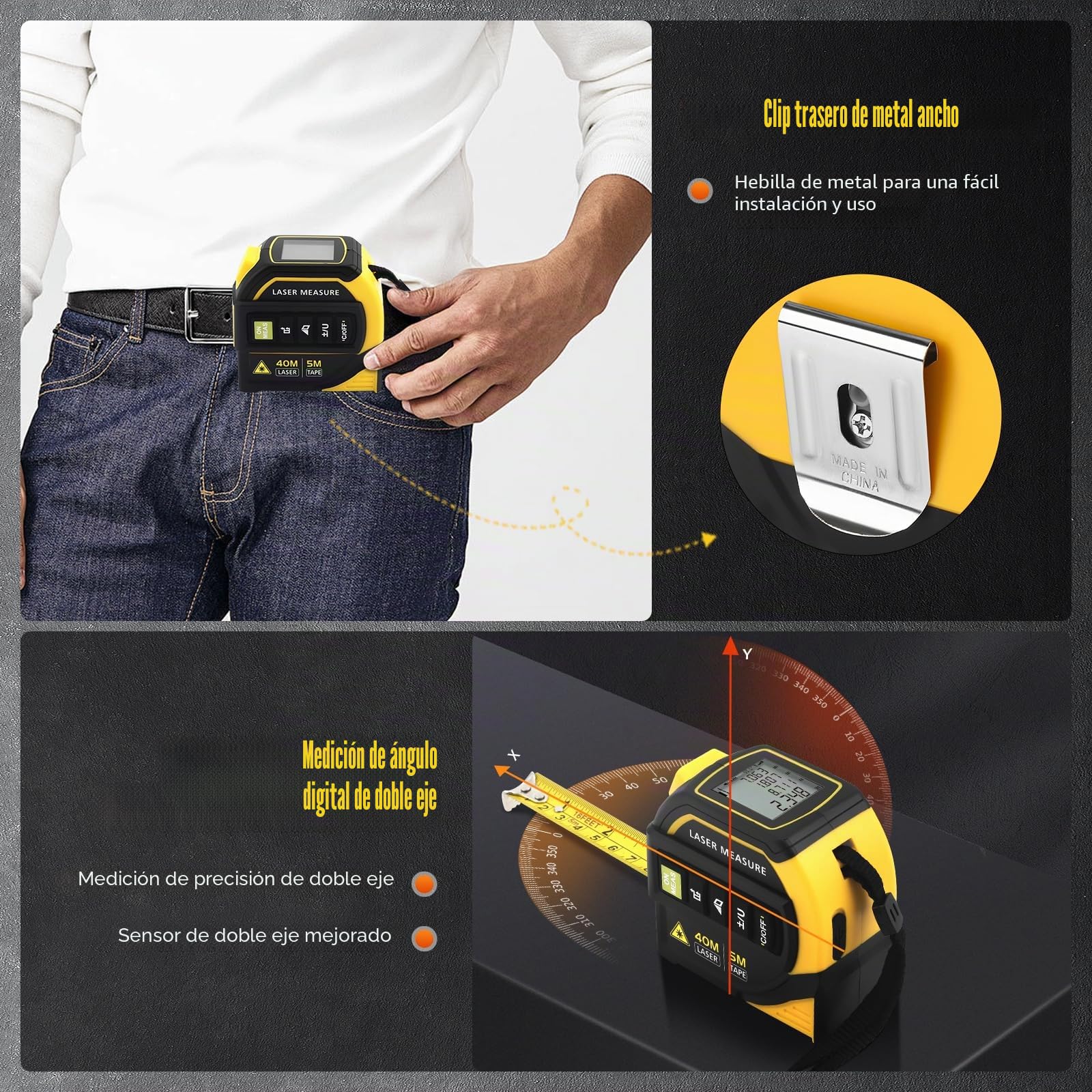 Cinta Métrica Digital 4 en 1 con Láser, Medidor Láser 100m con Bluetooth, CAD, Nivel Electrónico, Cinta Métrica 5m, para Distancia, Área, Volumen, Dibujo Inteligente, para Construcción, Carpintería