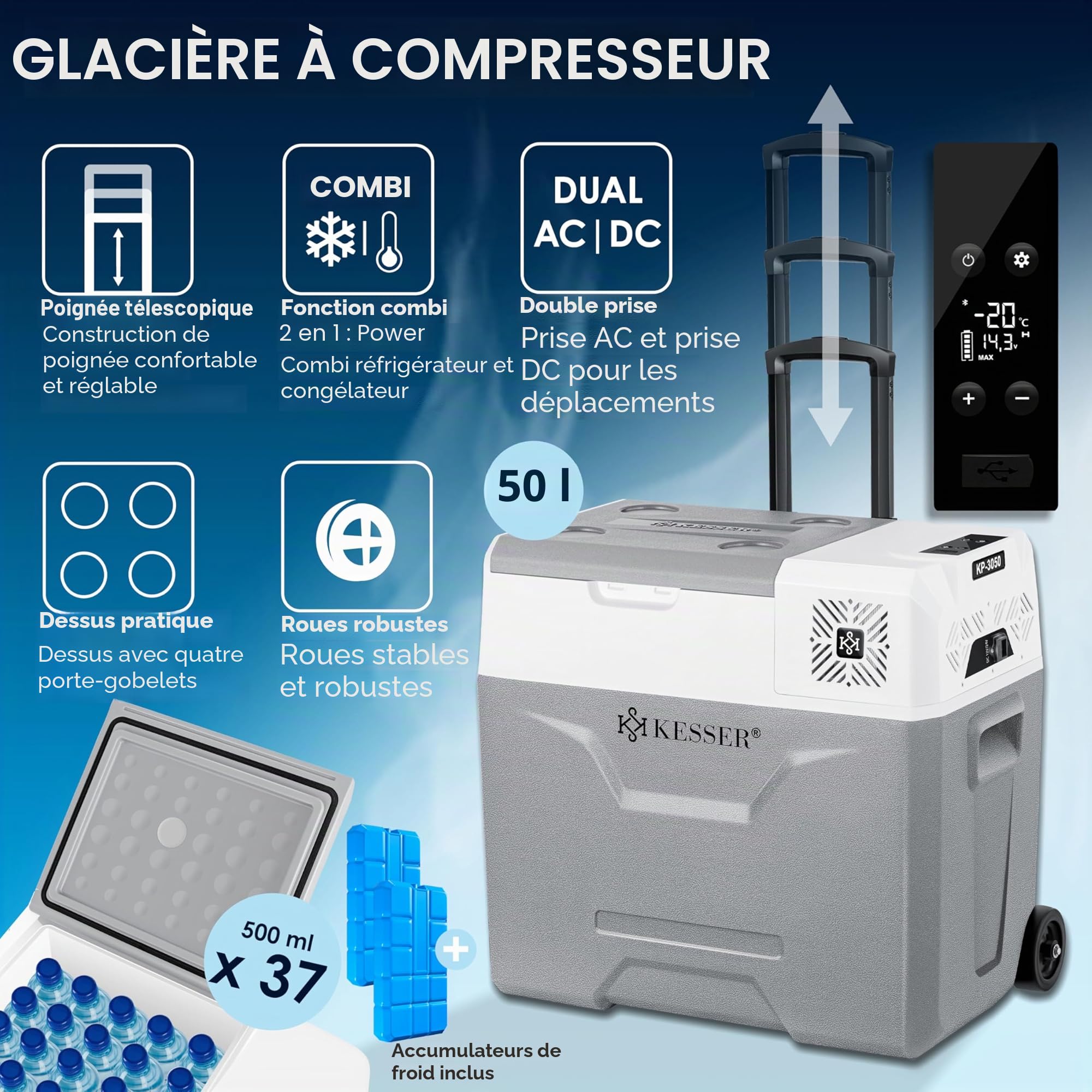 KESSER® 50 litres Glacière à compresseur électrique Glacière de congélation, avec Commande APP Raccordement USB, Réfrigérateur jusqu'à -20° pour Voiture, Camion, Bateau, Camping-Car