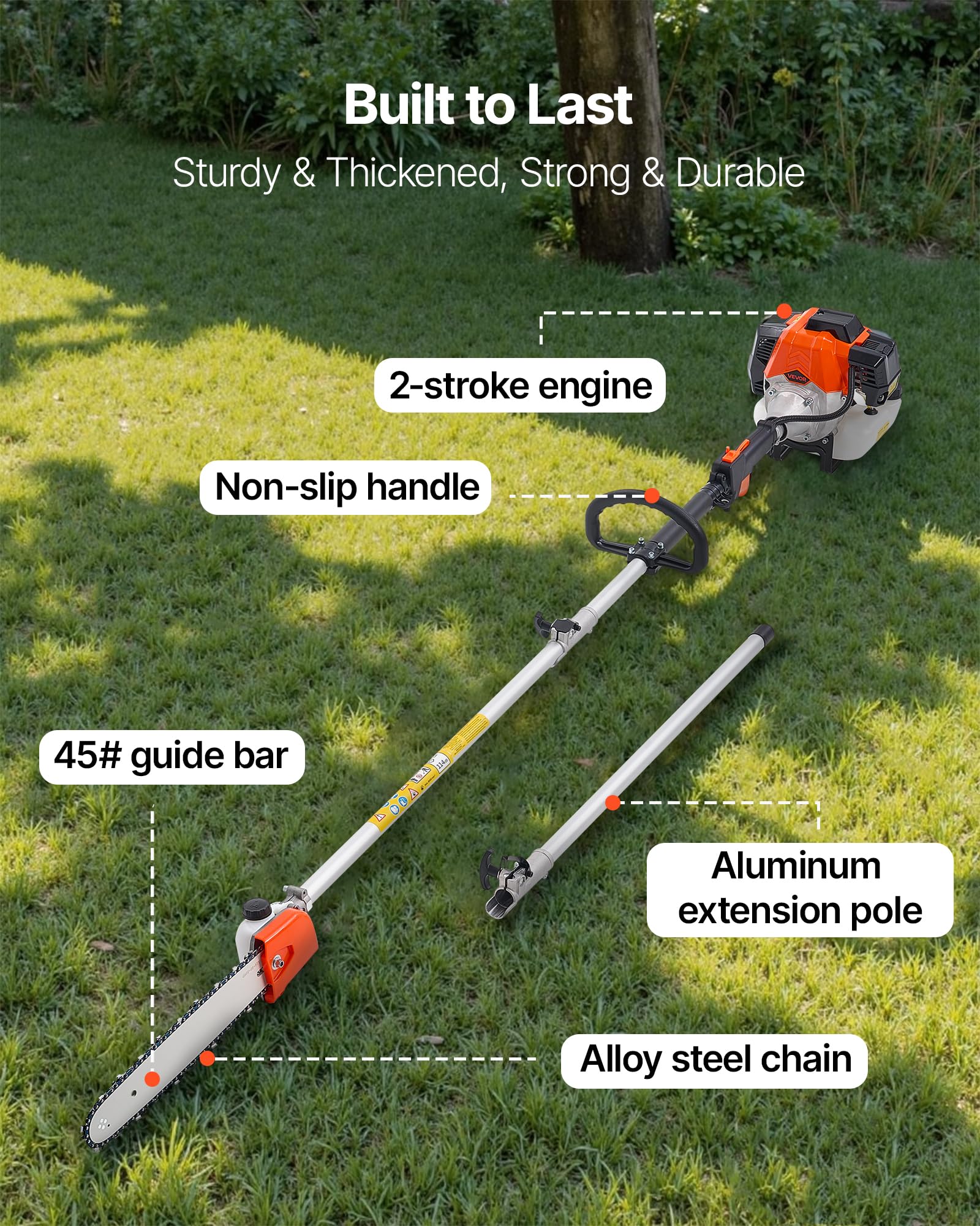 VEVOR Élagueuse Thermique sur Perche à 2 Temps, 52 cc, Élagueuse sans Fil à Essence, avec Perche Extensible 2,2 m-2,94 m, Guide-chaîne 35,6 cm, Réservoir de Carburant 850 ml, pour Élagage des Arbres