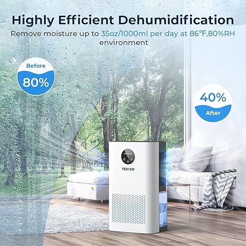 Miniatura 3 de TENKER Deshumidificador para el hogar, tanque de agua de 77 onzas (1000 pies cuadrados), deshumidificador silencioso con modo de suspensión, apagado