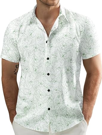 JOGAL Mens Cotton Hawaiian Shirt Short Sleeve Floral Button Down Shirts