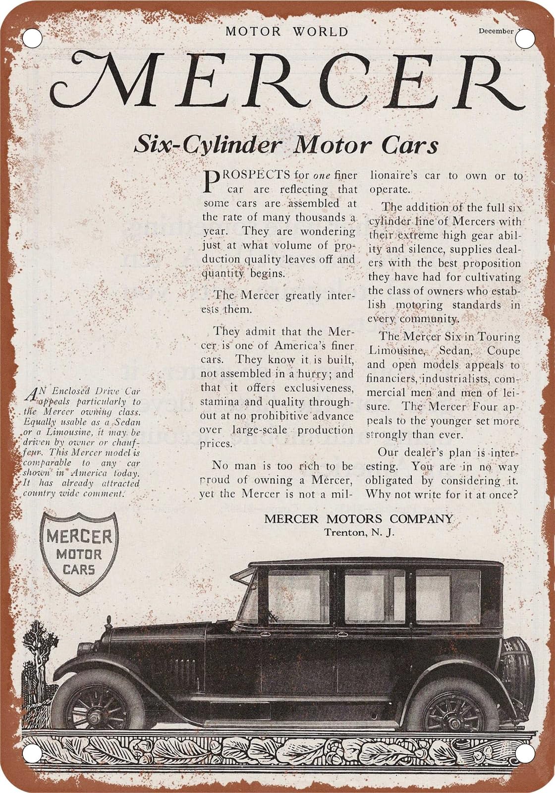 Miaomansenstore Metal Sign - 1923 Mercer Vintage Ad 01 - Old Retro Rusty Look Home Decor