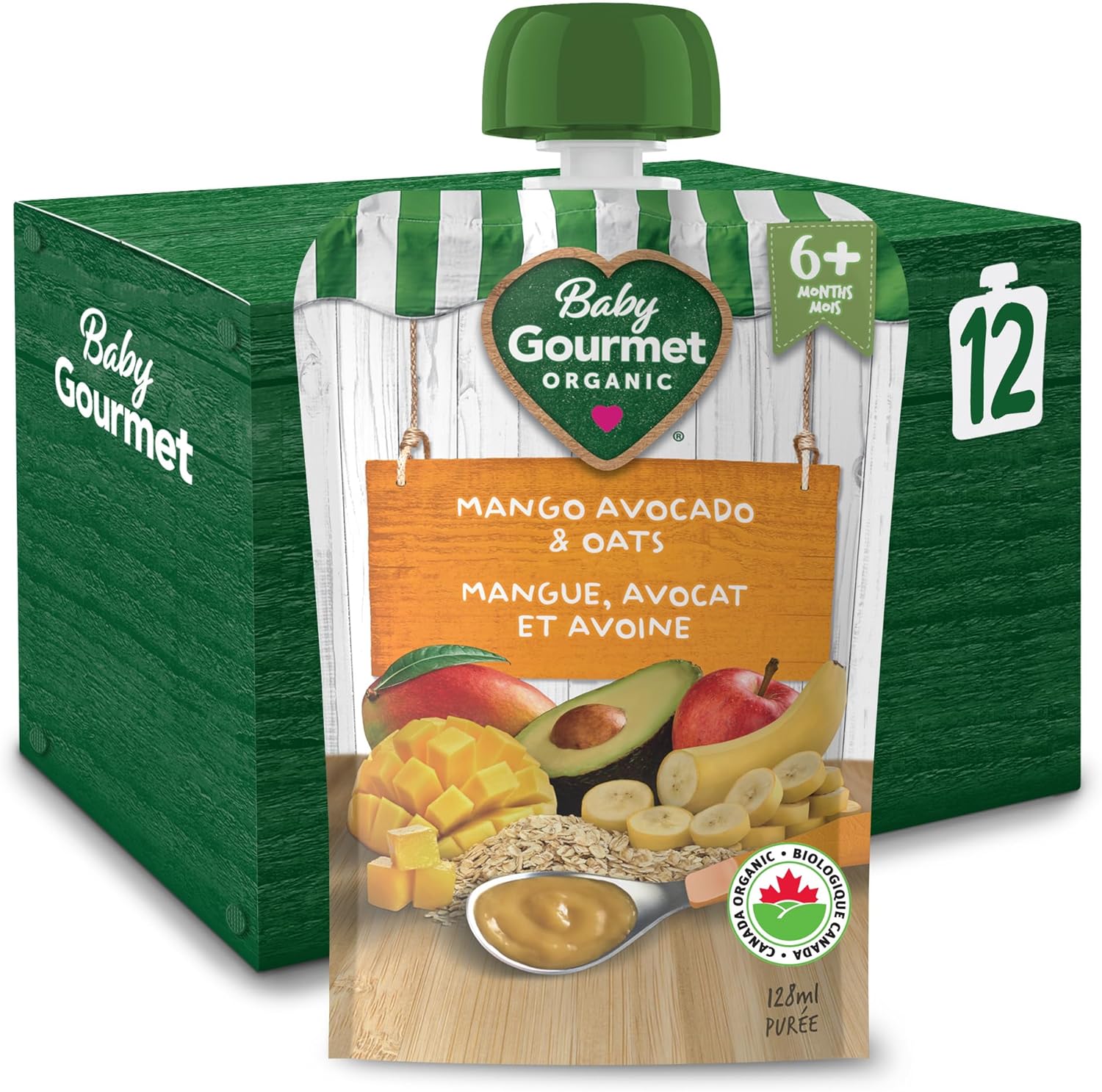Baby Gourmet Mango Avocado & Oats Purée, 12 × 128 mL Pouches | 6 Months+ | Organic Baby Food | No Added Sugar or Salt | Made in Canada
