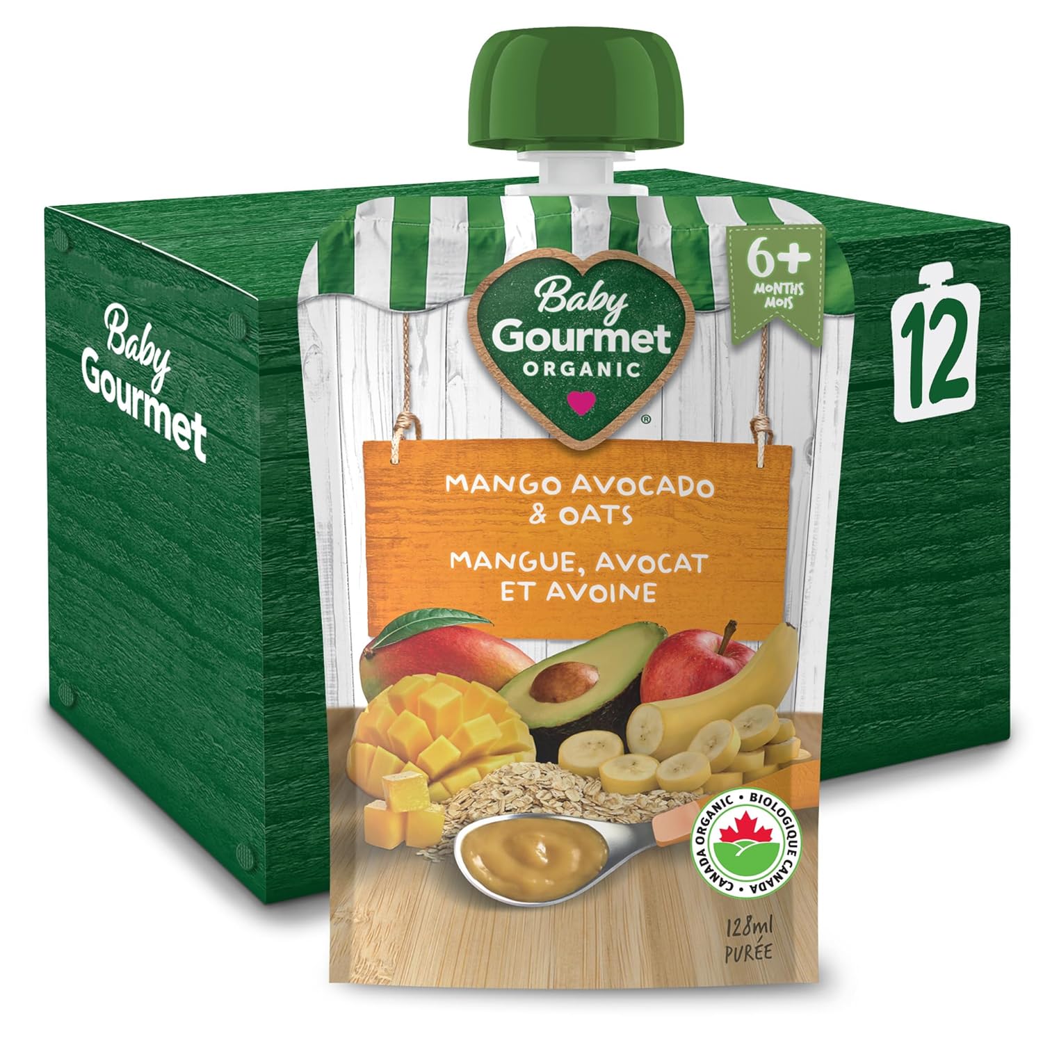 Baby Gourmet Mango Avocado & Oats Purée, 12 × 128 mL Pouches | 6 Months+ | Organic Baby Food | No Added Sugar or Salt | Made in Canada