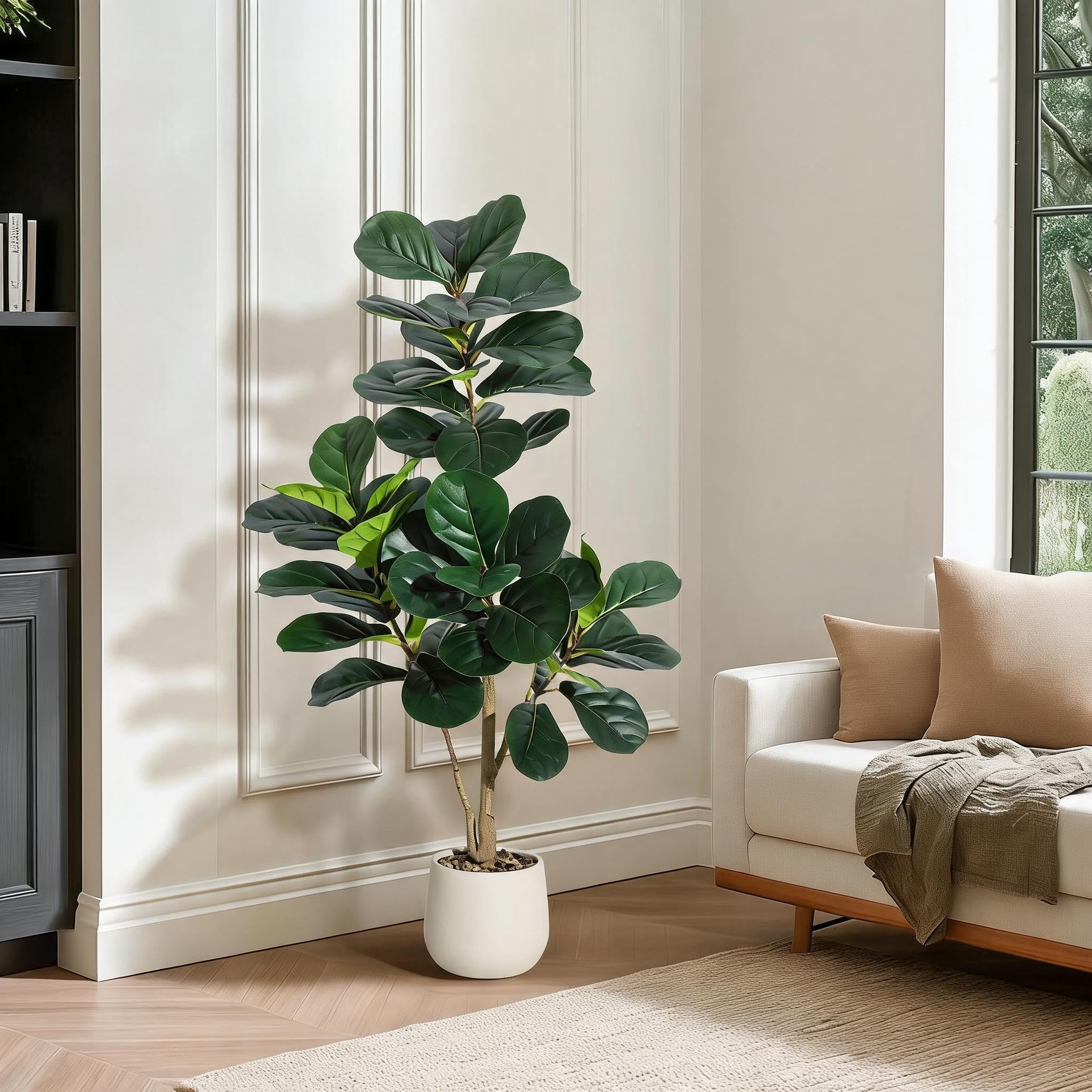 Faux Fiddle Leaf Fig Tree - 120cm Large Artificial Tree in Pot, Realistic Fake Ficus Lyrata Tree with White Planter, Artificial Potted Tree for Indoor Home Office Decor
