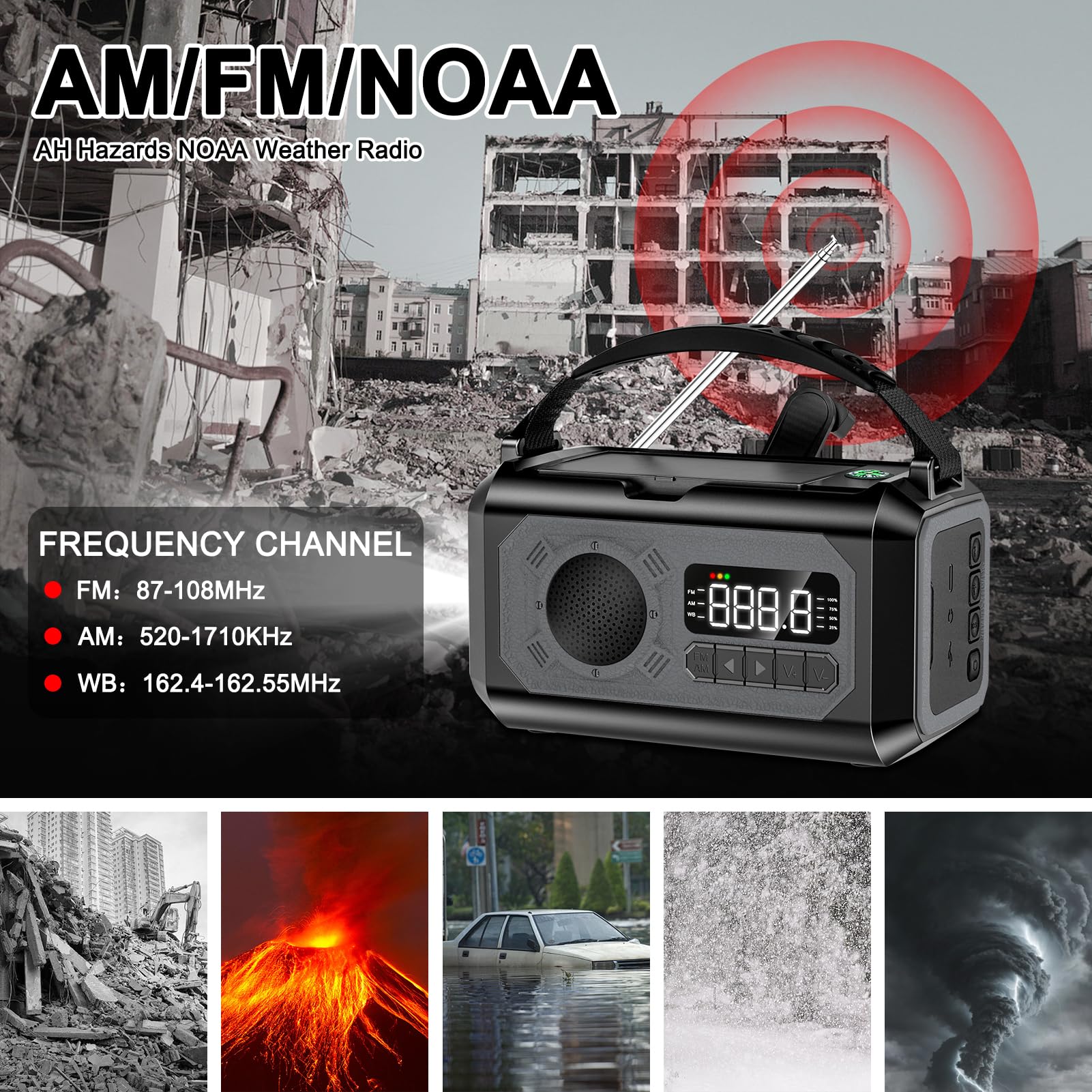 Radio di emergenza da 12000 mAh, radio portatile con allarme meteorologico AM/FM/NOAA, manovella con torcia, lampada da lettura, allarme SOS, caricatore USB, per emergenza domestica ed esterna