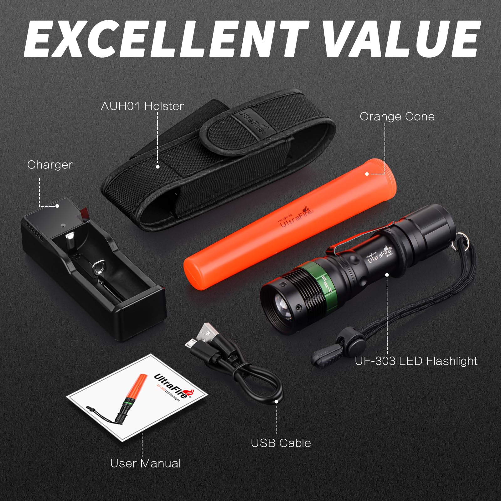 ULTRAFIRE - Linterna LED de señal de tráfico de 11 pulgadas con funda, 250 lúmenes con modo estroboscópico rojo, varitas de control de tráfico, aeropuerto, estacionamiento, servicio de policía de