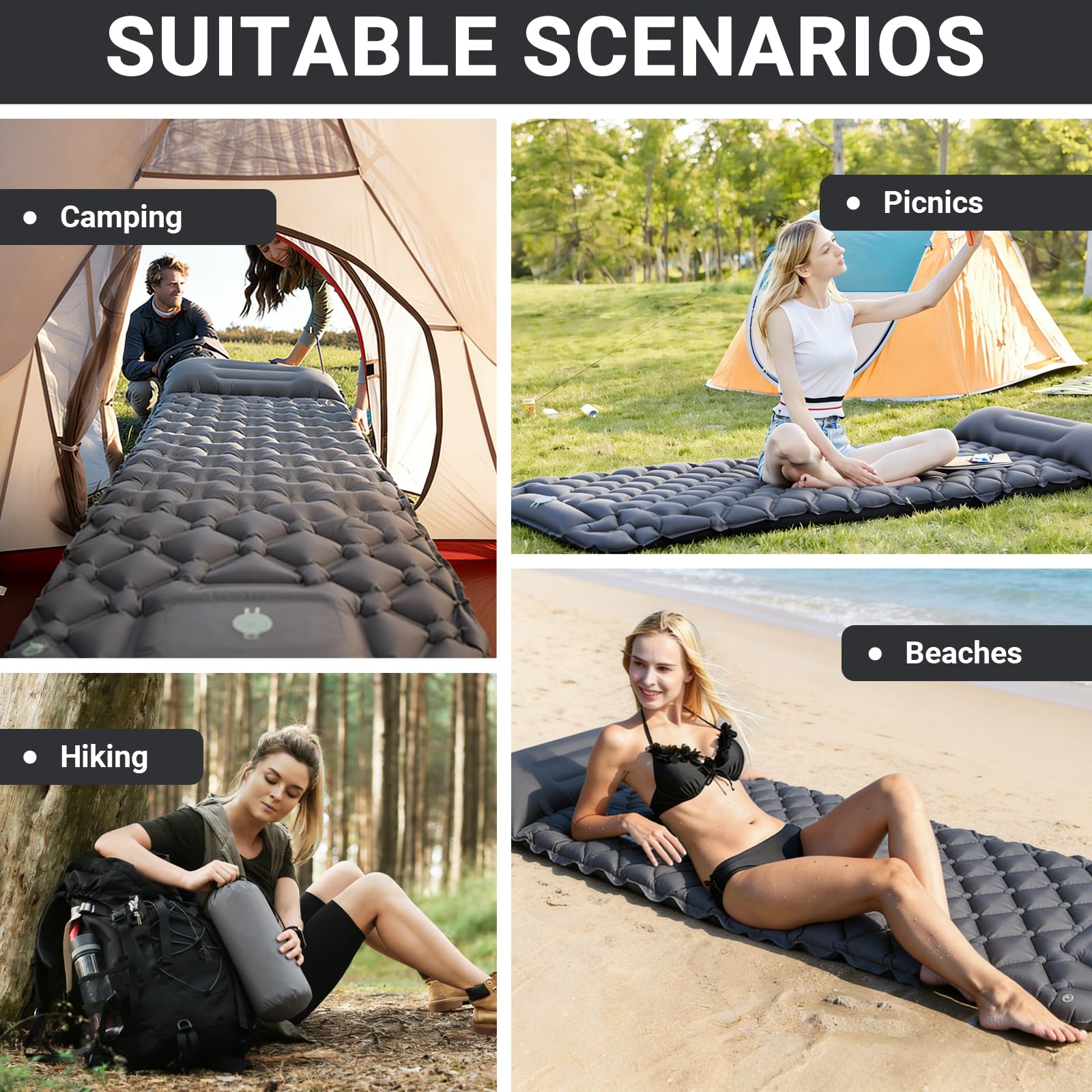 Materassino Gonfiabile Campeggio con Cuscino, 190 * 60 cm Letto Singolo Gonfiabile Pieghevole, Inflatable Mattress, Gonfiabile con Azionamento a Pedale, per Campeggio, Viaggi, Spiaggia