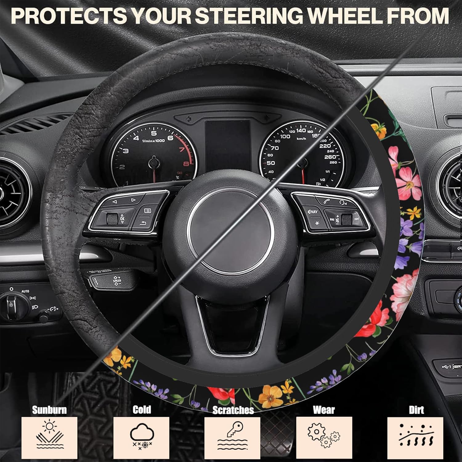 Colorful Floral Flowers Steering Wheel Cover, Elastic Non-Slip Steering Wheel Protector,Auto Interior Decor for Women Girls,Universal 15" Fit for Sedans,Trucks - Image 5