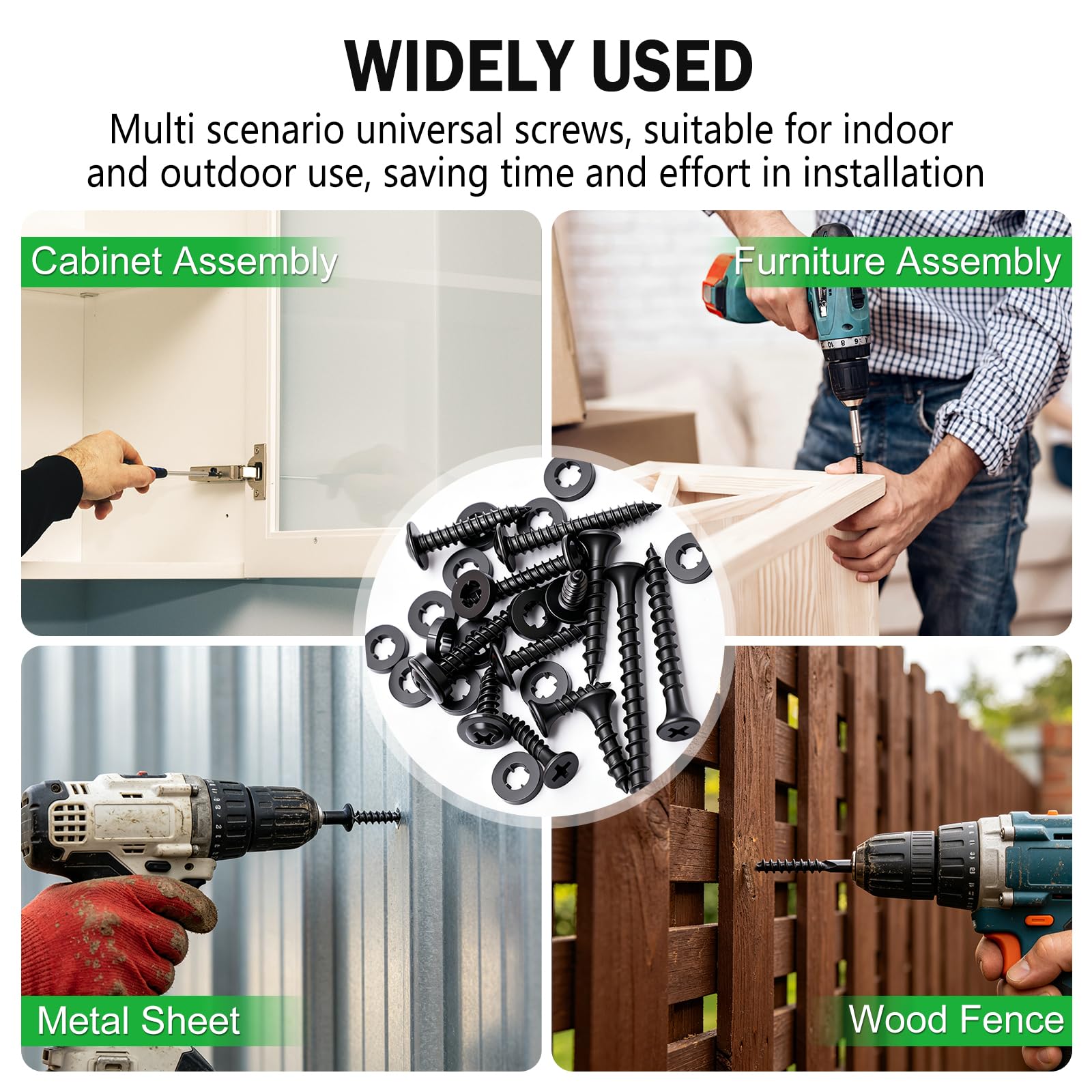 Twidec Kit surtido de 1310 tornillos de madera negros, tornillos Phillips #8#10 para madera y paneles de yeso, tornillos autorroscantes de alta dureza, rosca gruesa de 0.5 a 2-0.5 pulgadas para