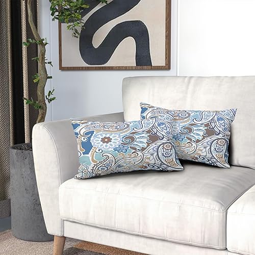 Miniatura 6 de Juego de 2 fundas de almohada lumbares con patrón de cachemira de 12 x 20 pulgadas, color azul y marrón crema, fundas de almohada decorativas de