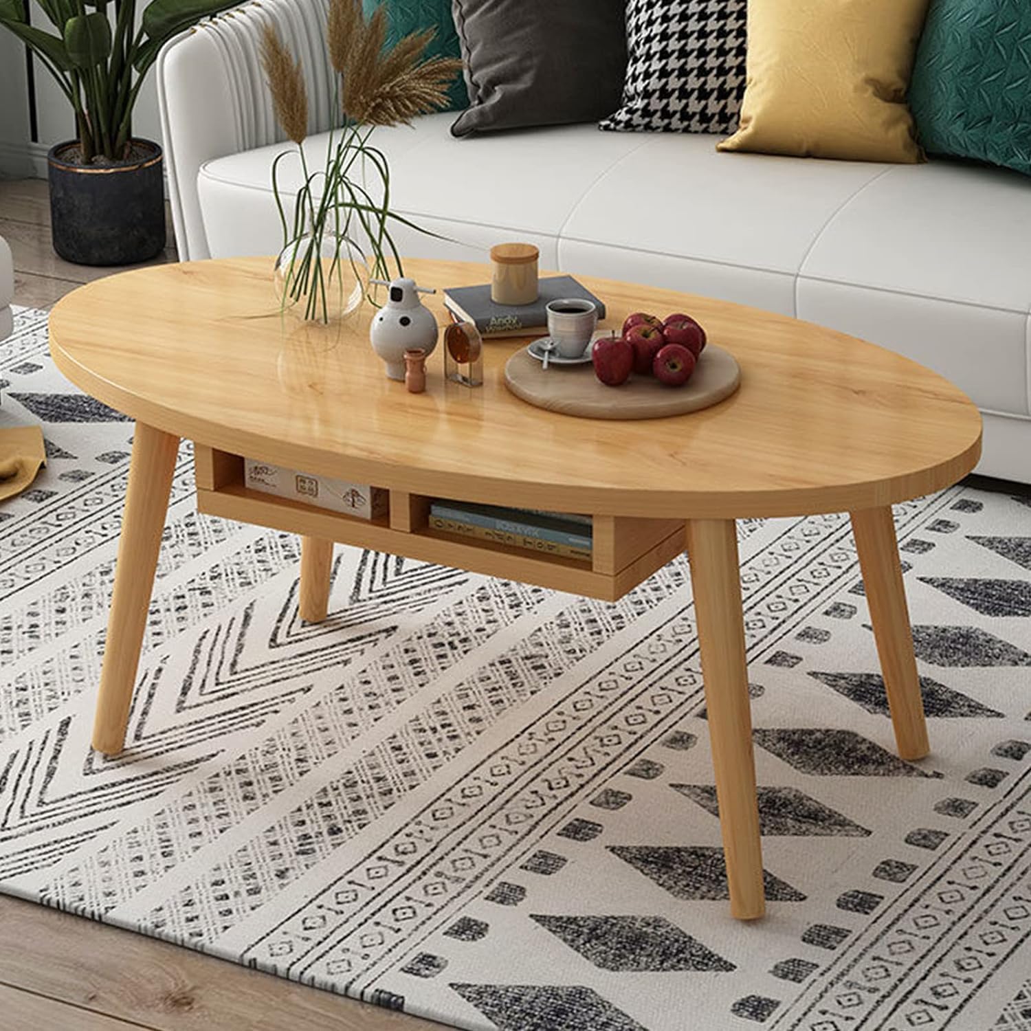 Table basse ovale en bois massif 120cm avec plateau seau moderne pour le salon