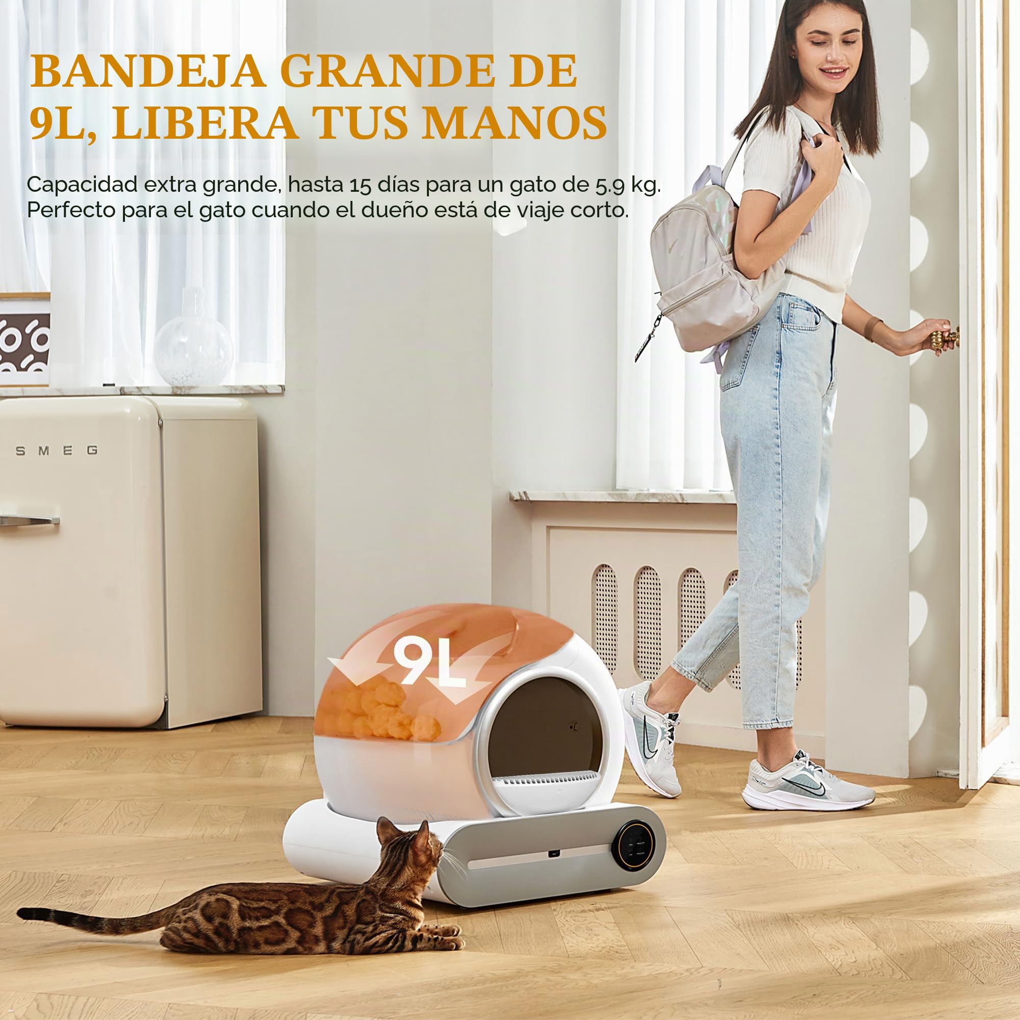 Caja de Arena Autolimpiable para Gatos Con Detector de Infrarrojos y Sensores de Peso, Eliminación de Olores, Gran Capacidad de 65 L + 9