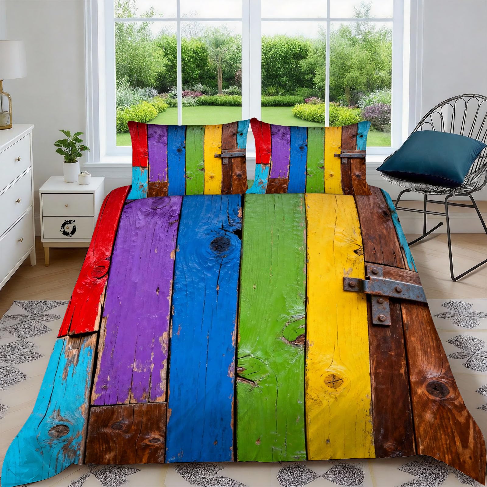 Generisch Bunte Holzplatte Bettwäsche 200x200, 3D Bettbezug Set Weich Microfaser Bettbezüge 3 Teilig Alte Holztür Bettwäsche Set für Doppelbett, mit 2 Kissenbezüge