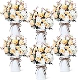 Domensi 6 Sets Wedding Centerpiece for Table Artificial Rose with Vase Fake Bouquets and Metal Pot Floral Arrangements for Holiday Party Event Table Decor (Champagne) Champagne 6