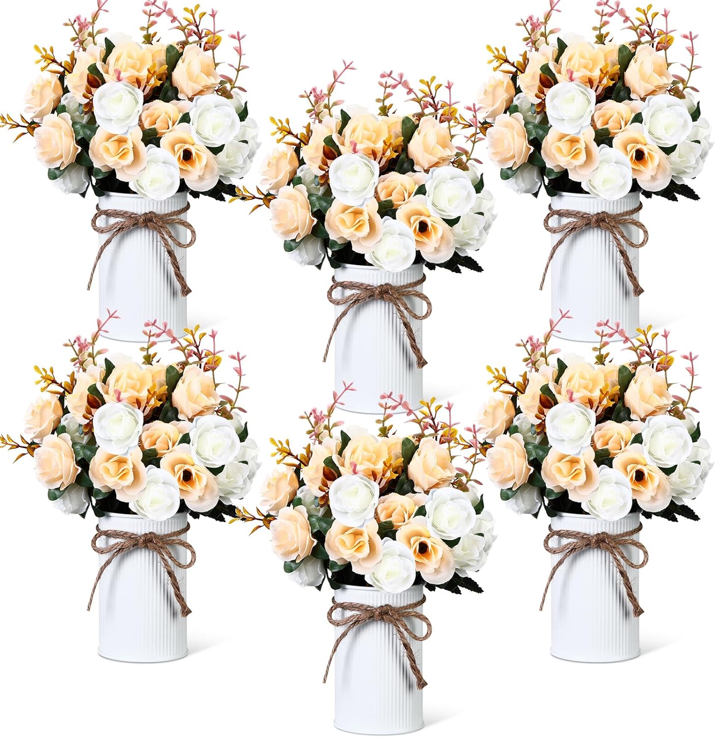 Domensi 6 Sets Valentine's Day Centerpiece for Table Artificial Rose with Vase Fake Bouquets and Metal Pot Floral Arrangements for Wedding Holiday Party Event Table Decor (Champagne)