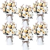 Domensi 6 Sets Wedding Centerpiece for Table Artificial Rose with Vase Fake Bouquets and Metal Pot Floral Arrangements for Mother's Day Holiday Party Event Table Decor (Champagne) Champagne...