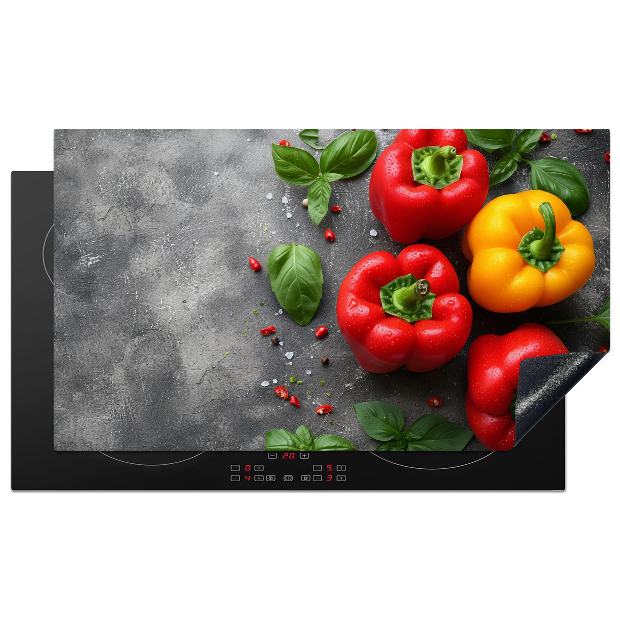 KitchenYeah© Induction Hob Protector Mat 20.8"x36" / 91.6x52.7 cm Cooker Top Protectors Cover Ceramic Covers Electric Hobs Vinyl Sweet Pepper - Concrete - Vegetable - Leaves