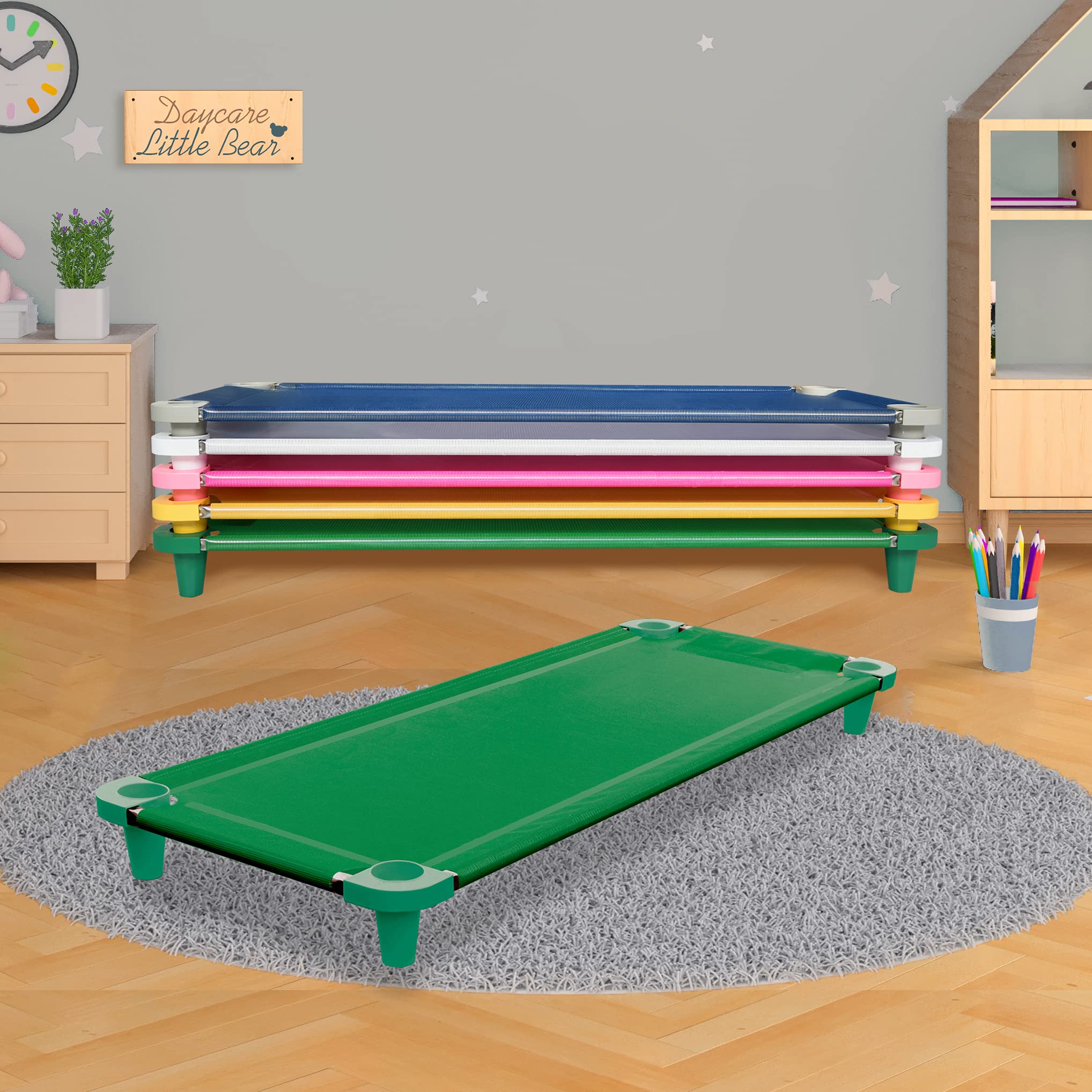 Acrimet Lit de Sieste pour Enfants Portable Empilable 52 Pouces Acier Inoxydable Tissu Maille Respirante Vert