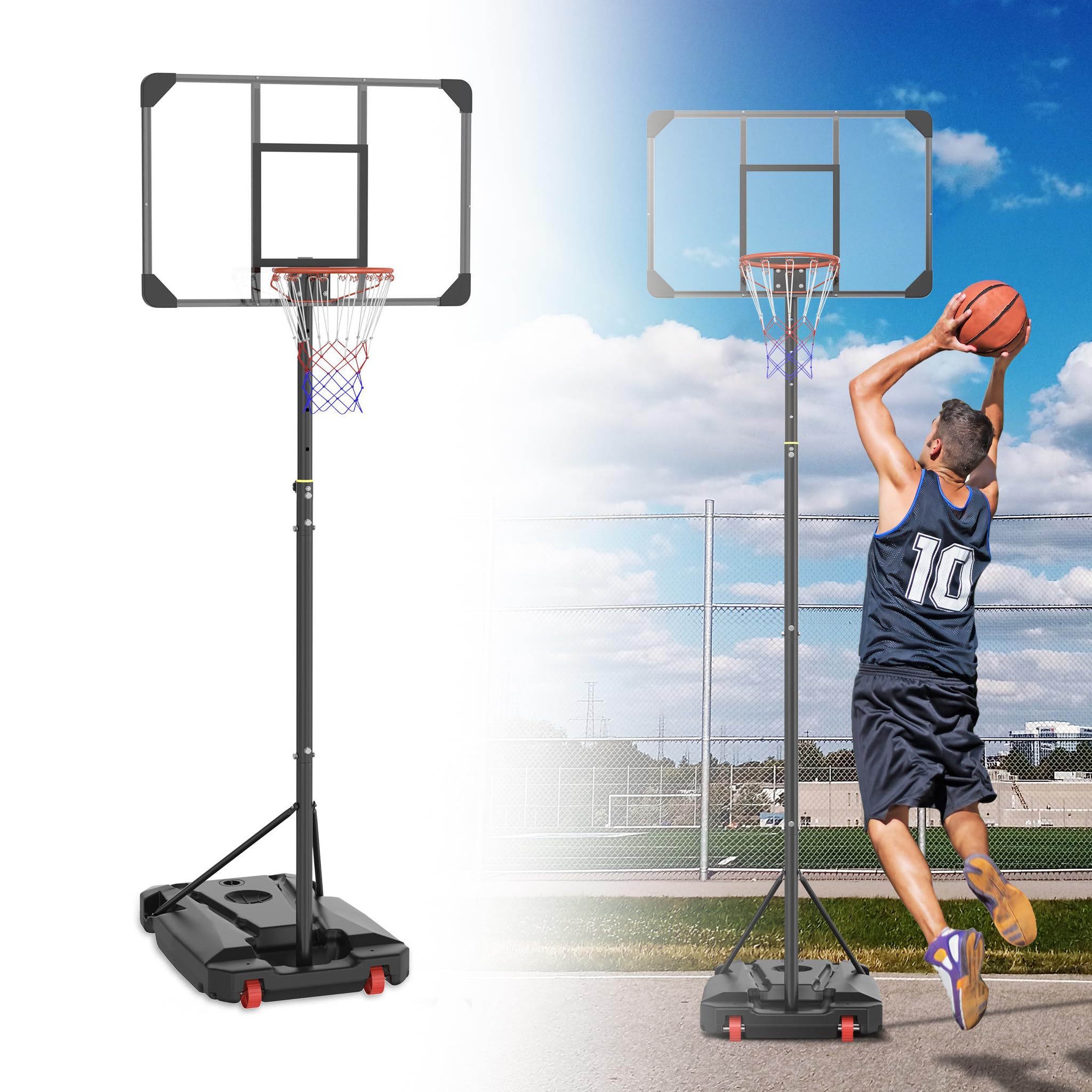 YRHome Basketballkorb PE-Rahmen Outdoor Basketballkorb Nachfüllbare Basis Basketballständer 150-260cm höhenverstellbar mit eingebaute Räder Für Erwachsene