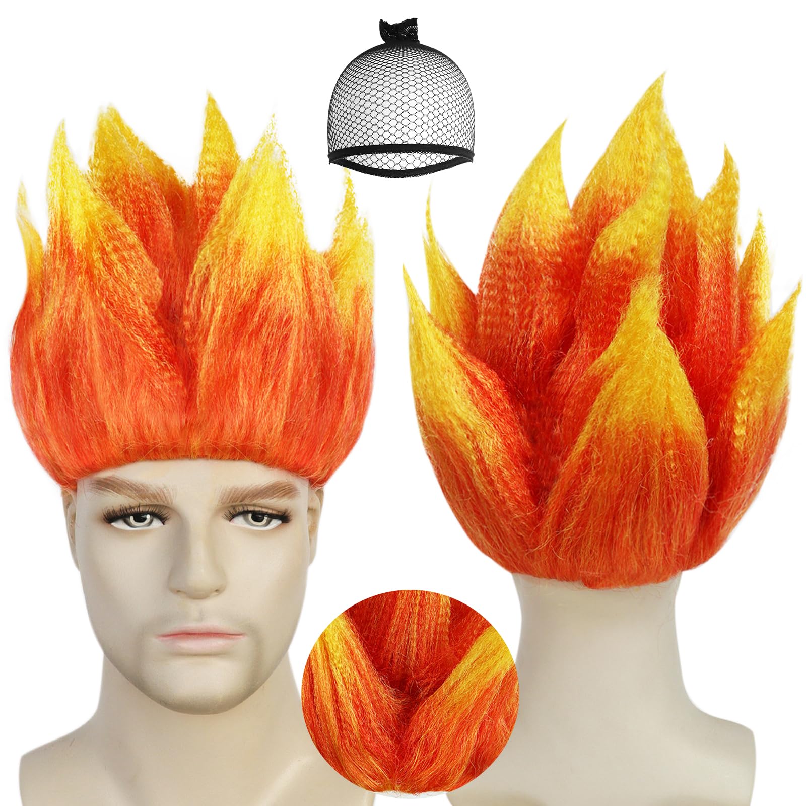 JoneTing Angry Wig Flame Fire Wigs 【+Hair Cap】 Short Red Ombre Wig for Men Women Cosplay Halloween Costume Red Hairs for Cosplay Party Flame Shape