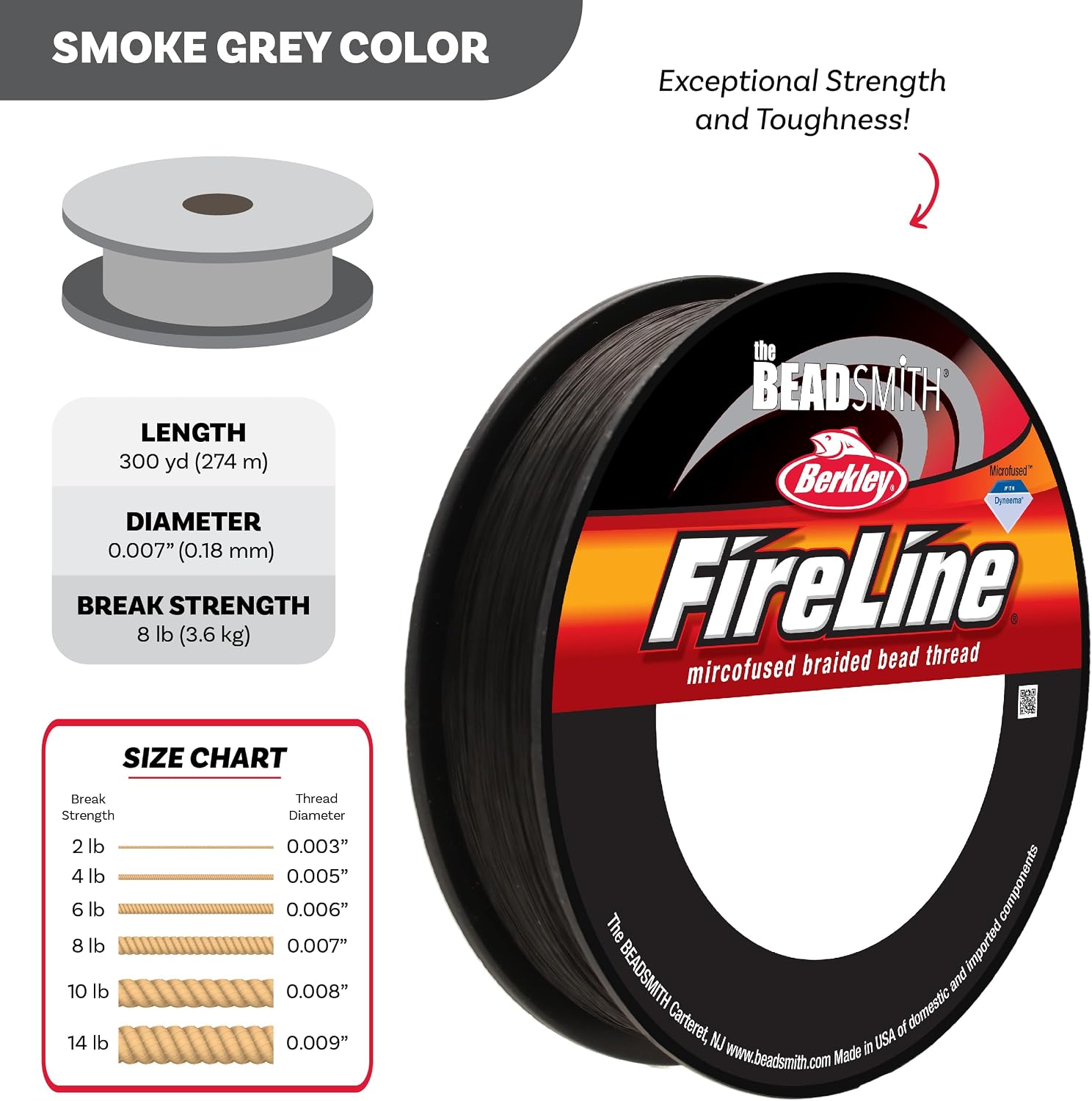 The Beadsmith Fireline by Berkley – Micro-Fused Braided Thread – 8lb. Test, .007”/.17mm Diameter, 300 Yard Spool, Smoke Grey – Super Strong Stringing Material for Jewelry Making and Bead Weaving