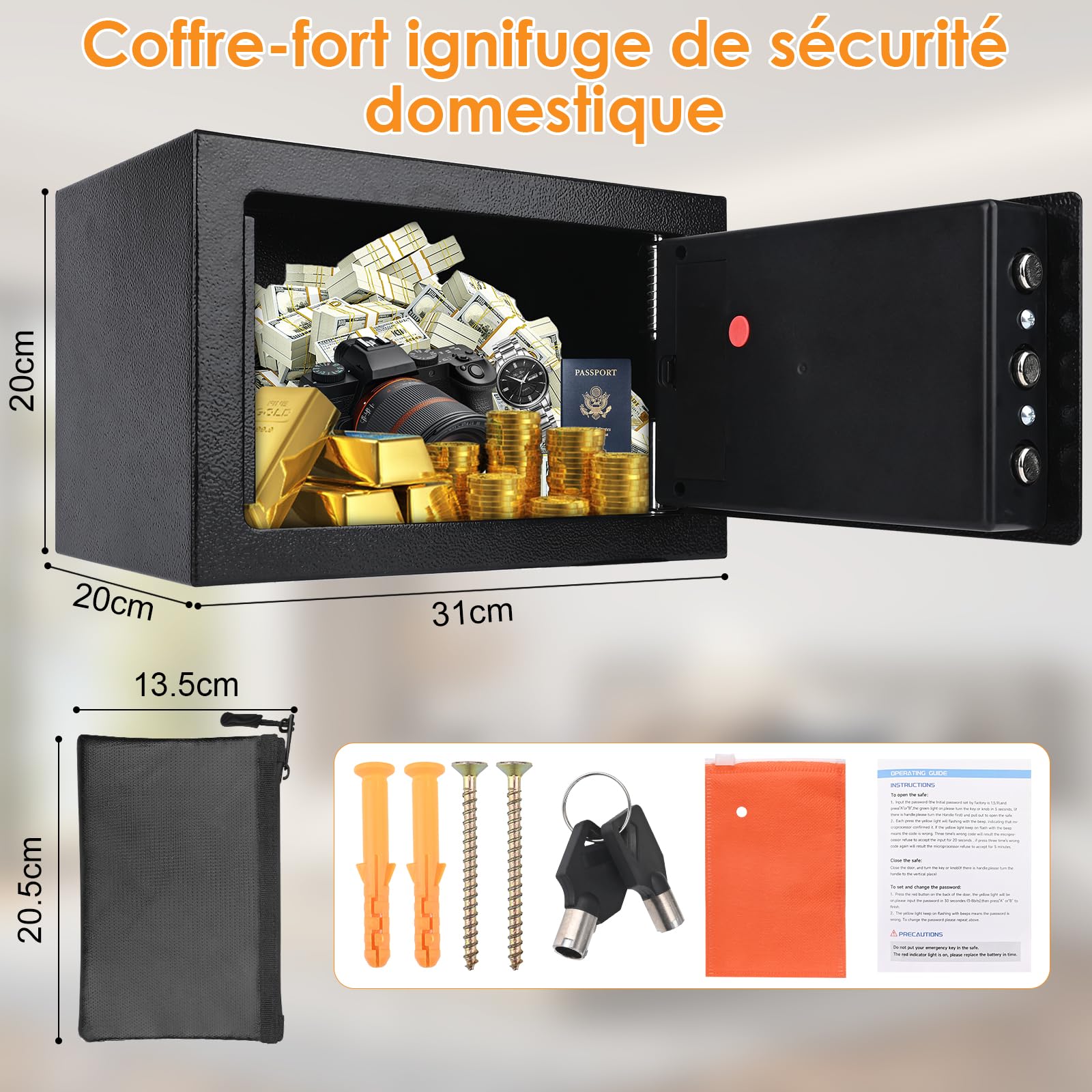 Petit Coffre Fort à Code,Coffre Fort électronique,Coffre-Fort Mural électronique,Coffre Fort Anti Feu et Clés,Acier Mini Coffre,pour Maison, Bureau, Hôtel, 31 x 20 x 20cm