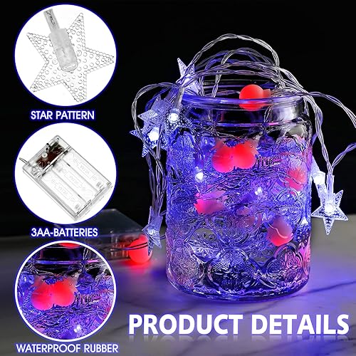 Miniatura 5 de Decoraciones del 4 de julio, luces rojas, blancas y azules, 20 pies, 40 luces LED con batería LED, decoraciones de calabaza, bola de hada, tira de