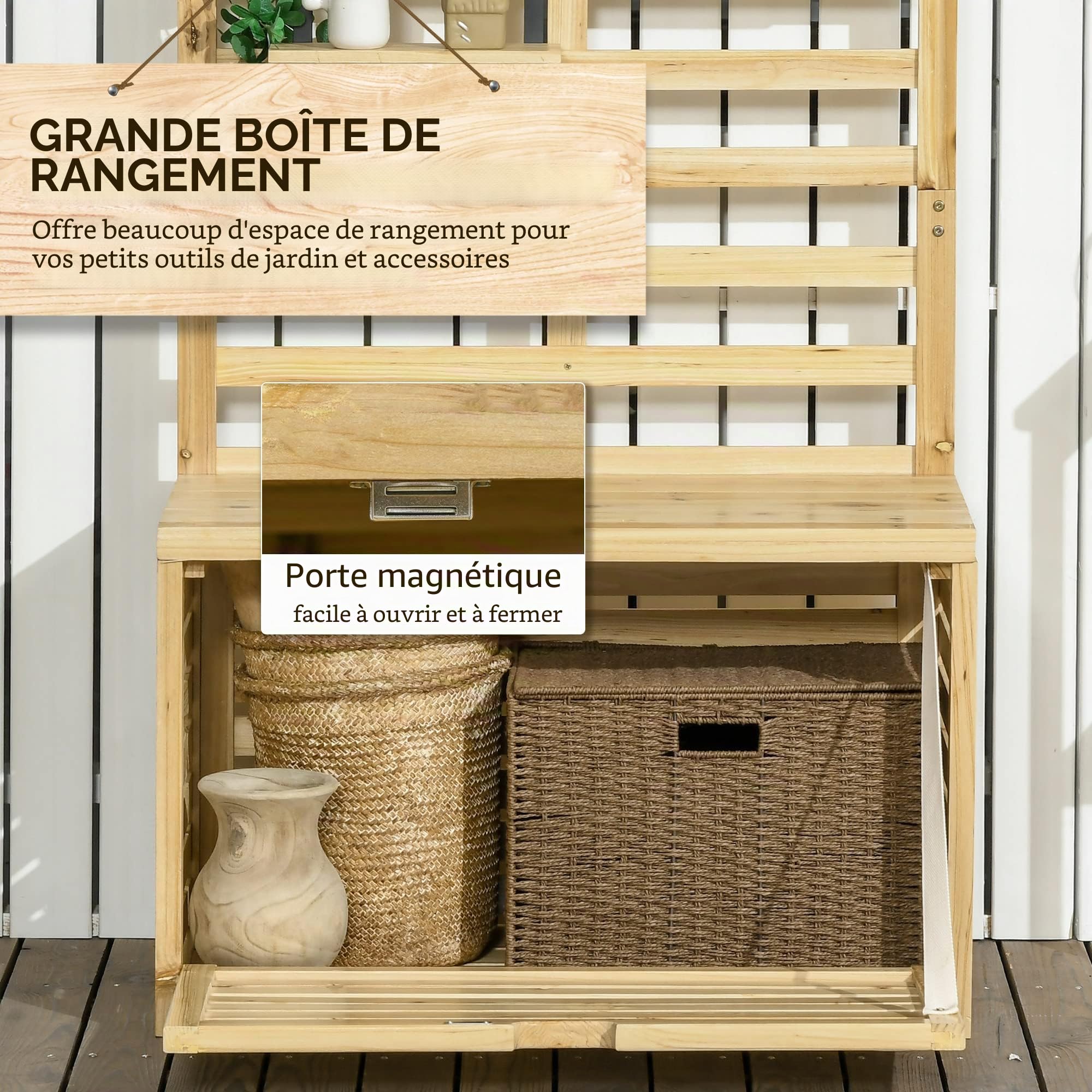 Outsunny Boîte de rangement, coffre de rangement avec treillis, boîte de rangement avec étagères, coffre de jardin, boîte à coussins, en bois massif, naturel, 80 x 45 x 160 cm