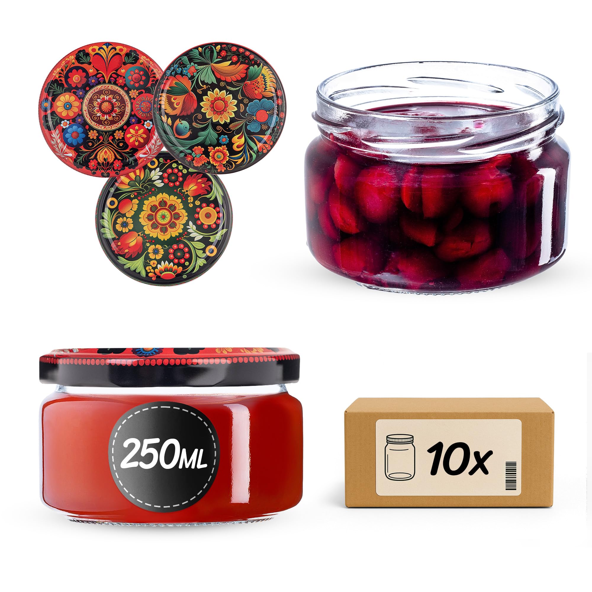 Kadax Colourful Flowers Small Preserving Jars 250 Ml, Jam Jars With Lids, Airtight Jars For Gifting, Mini Jars For Honey And Spices (, Pack Of 10)