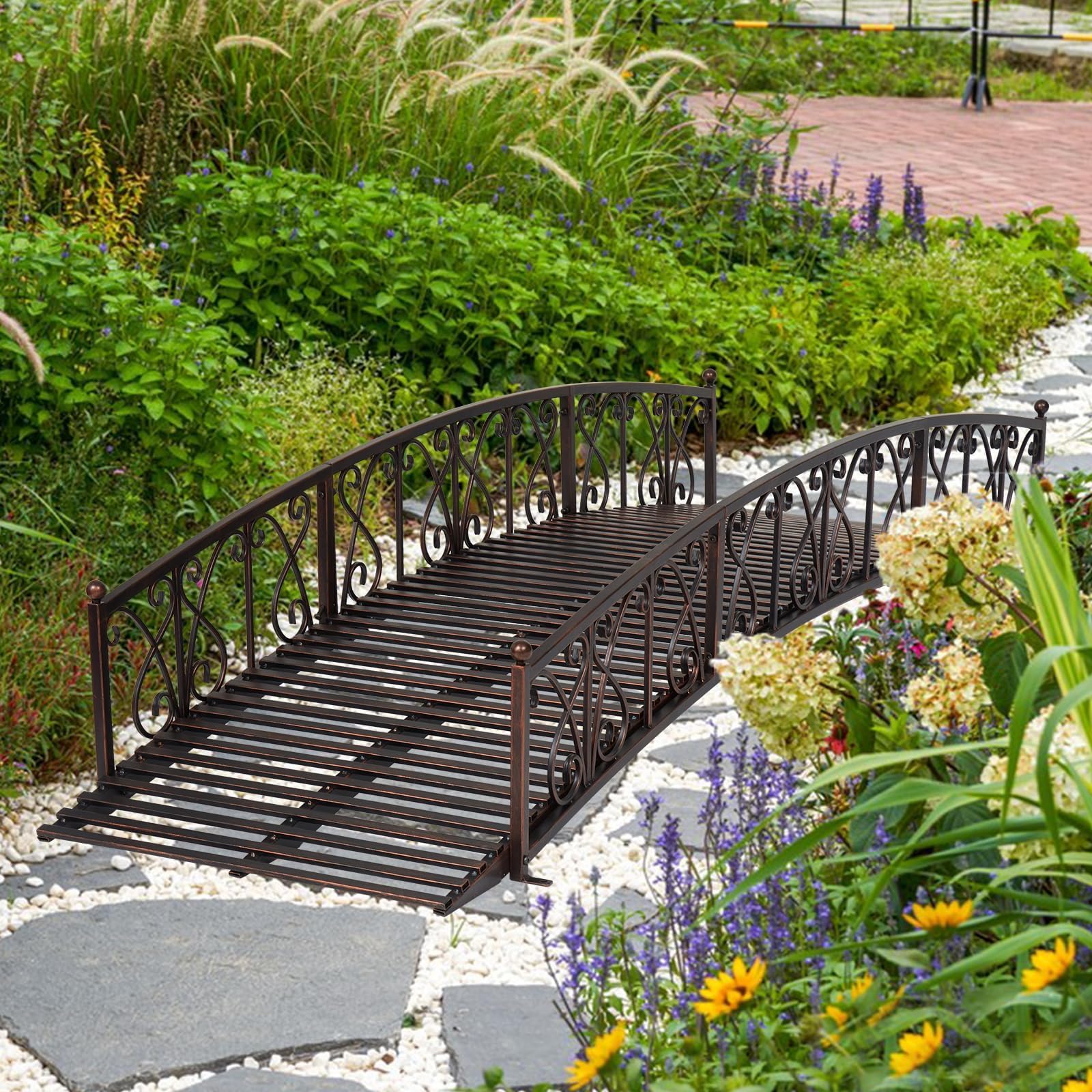 kinbor Garden Bridge – 8 FT Metal Arched Bridges with Safety Patterned Side Rails, Pond Bridge for Backyard, Creek, Lawn, Steel Decorative Footbridge Garden Bridges for Outdoors, Dark Blonde