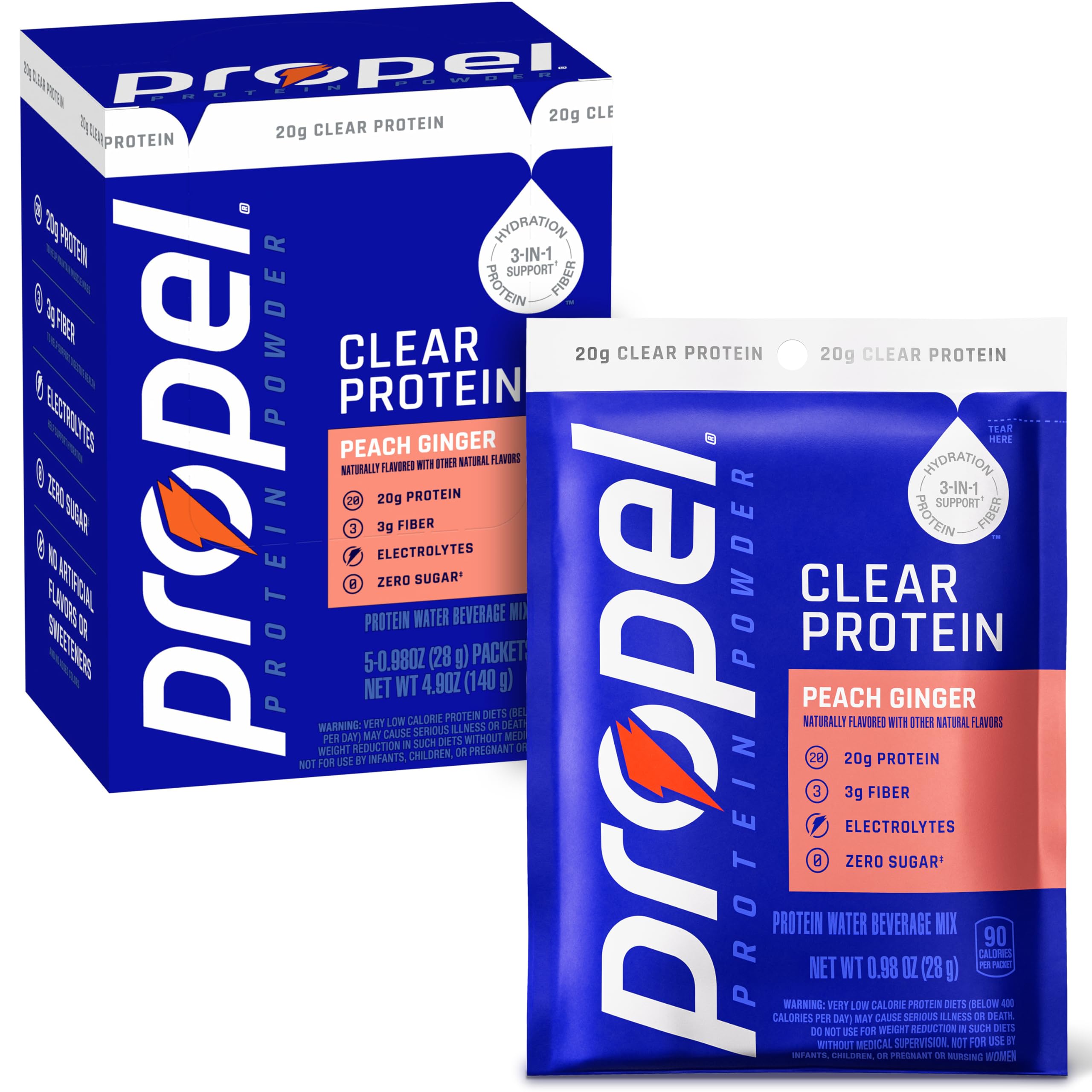 Propel Proteína em pó de soro de leite com fibras e eletrólitos, pêssego e gengibre, 20 g de proteína, pacote com 5