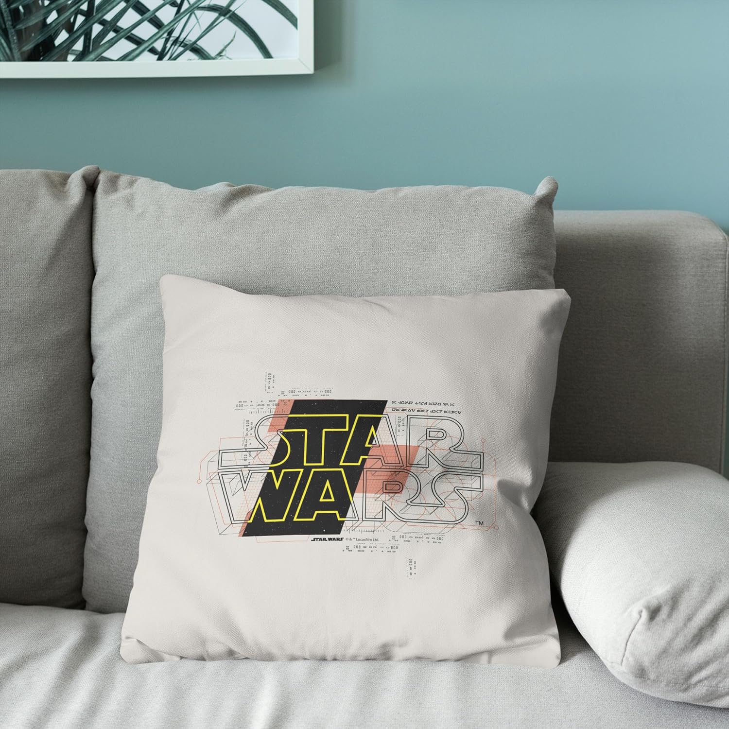 NORTHWEST Star Wars Blueprint Throw Pillow, Sci-Fi Logo Accent Cushion with Technical Line Art and Aurebesh Details, Modern Fan Decor for Sofa, Bed, or Office, Officially Licensed, 18 x 18 inches