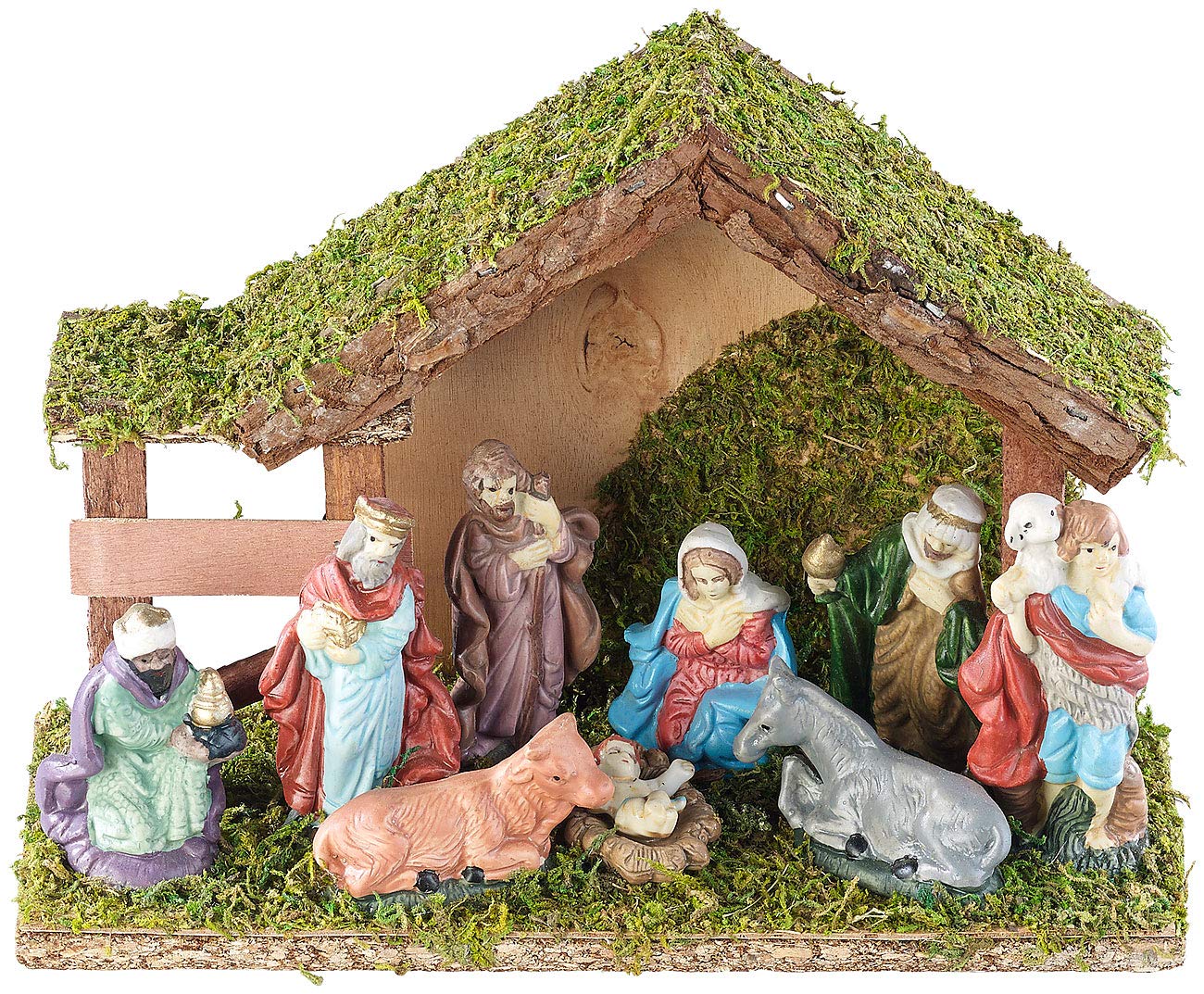 Weihnachten Krippe: Klassische Holz-Weihnachtskrippe, handbemalte Porzellan-Figuren, klein (Weihnachtskrippe Komplettset, Weihnachtskrippe Komplettset Holz, Weihnachtsbaum)