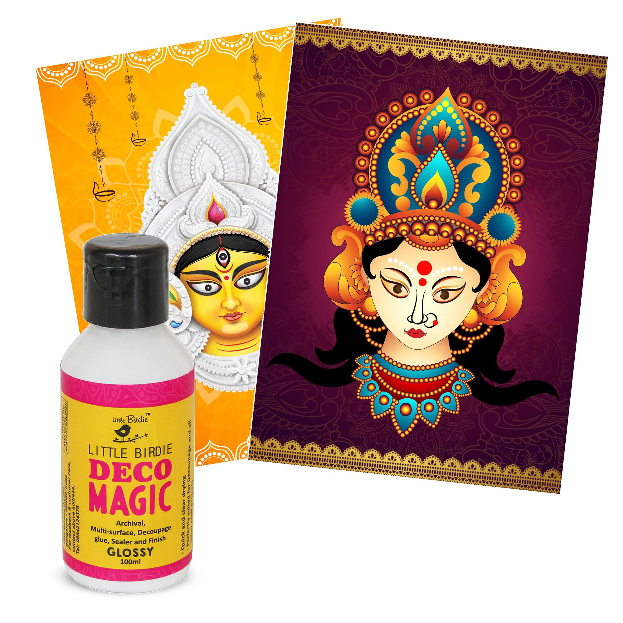 Little Birdie Deco Magic Glue Glossy 100ml with Decoupage Paper (Goddess Durga & Paper Devi Durga) 8 Sheets |Perfect for Craft Work