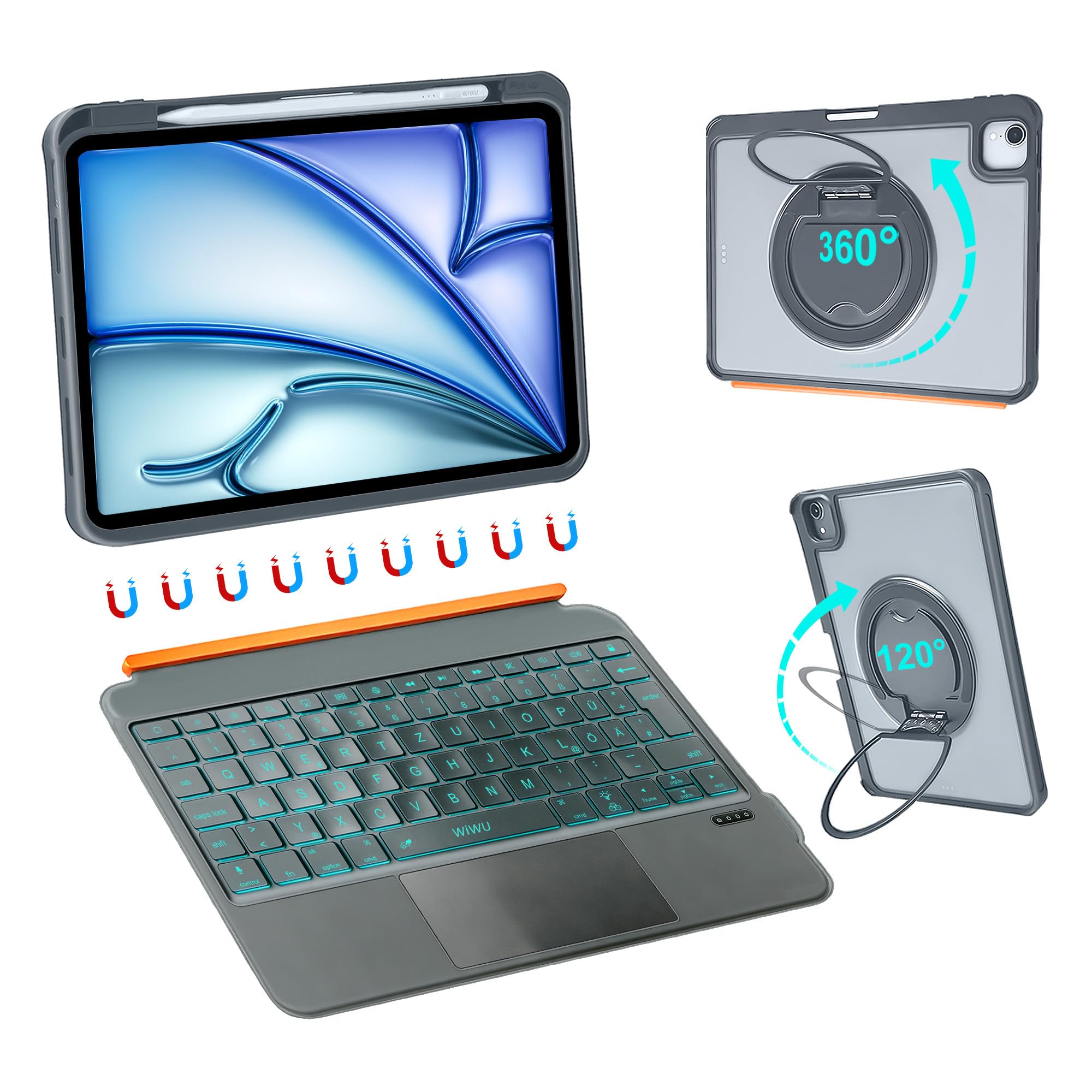 WIWU iPad-Hülle Mit Tastatur Air 11 Zoll M4/M3/M2 10 Gen,360°-Ständer,Magnetisch Abnehmbare Hülle Mit Tastatur,Hintergrundbeleuchteten Tasten,Grau(Für iPad 11/10/Air 5/4/11" (M4/M2/M3)Pro 11" 4/3/2/1)