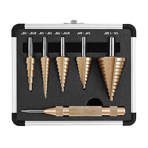 5 brocas escalonadas con punzón central automático, juego de brocas de acero de alta velocidad, 50 tamaños en total de brocas de titanio HSS para