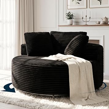 55" Oversized 360 Degree Swivel Chair, Modern Round Chair Lounge Upholstered Corduroy Swivel Accent Chair with Deep Seat, Comfy Fluffy Sleeper Sofa for Living Room Bedroom Apartment Black