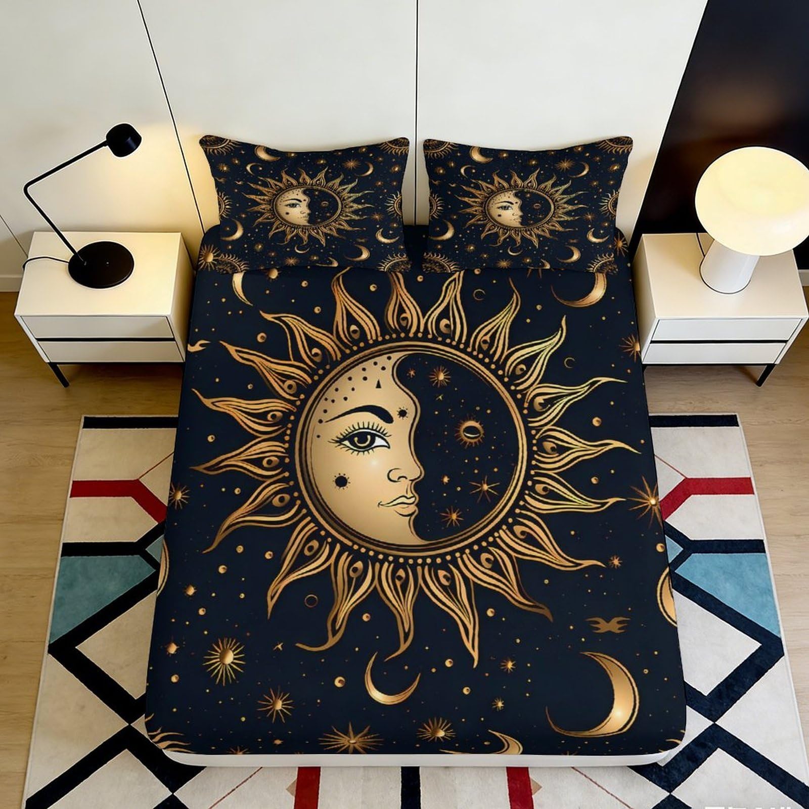 3D Printed Sun Moon Fitted Sheet Microfiber Anti-Slip Celestial Mattress Cover for Bedroom Dorm Easy Care Decor 90x200x25cm