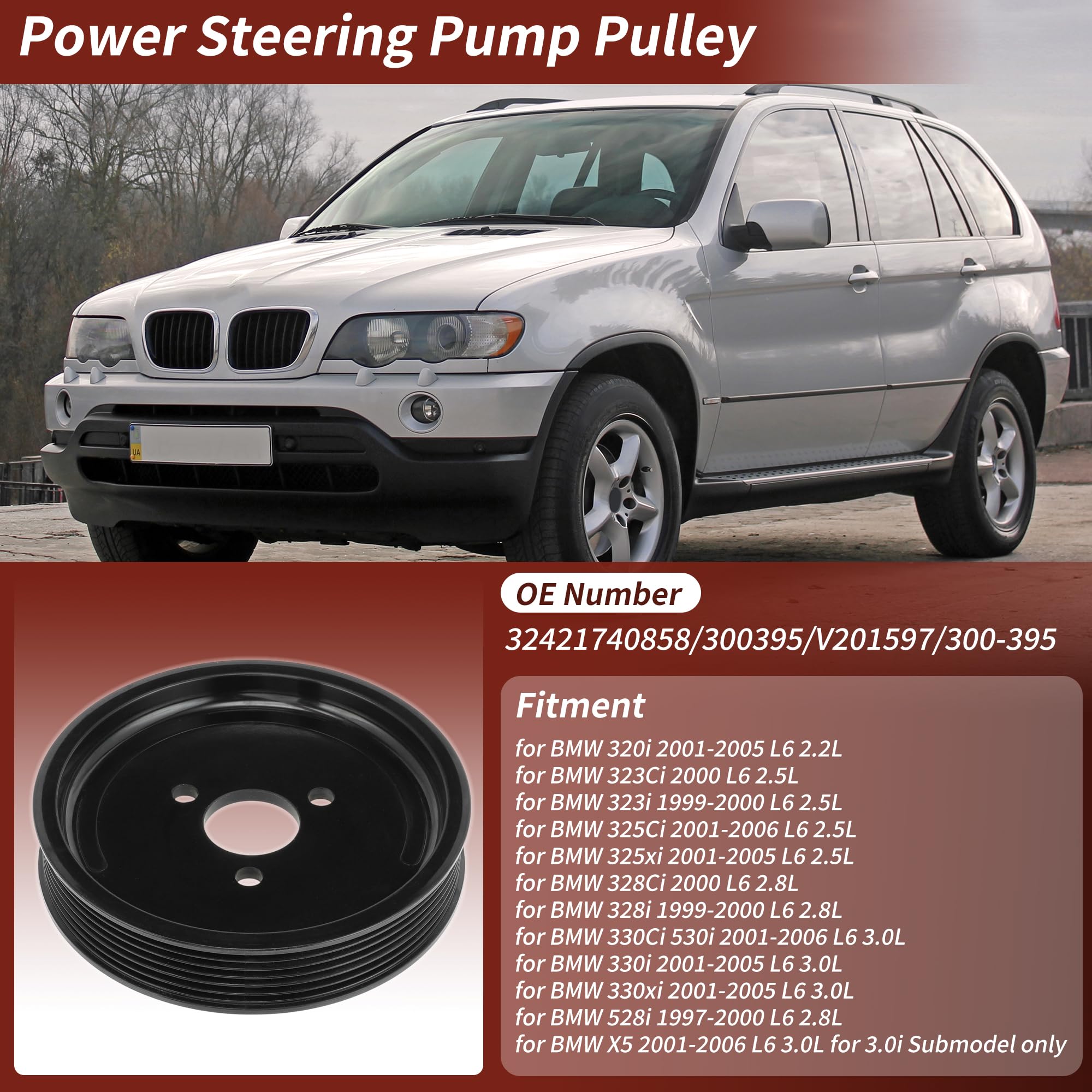 No.32421740858 Puleggia della pompa servosterzo per BMW 320i 323Ci 323i 325Ci 325xi 328Ci 330Ci 530i 330i 330xi 528i per BMW X5 2001-2006 L6 3.0L 3.0i Solo No.300395