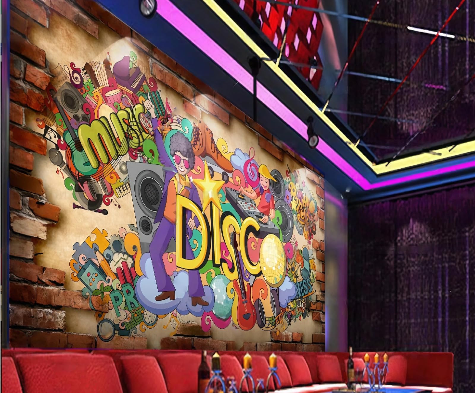 Xdoubao 3D Wallpaper Three-Dimensional Nostalgic Brick Wall Street Graffiti Music Theme Bar Drink Shop Afternoon Tea Western Restaurant Background Wall Wallpaper Coffee Shop Mural,,250X175cm